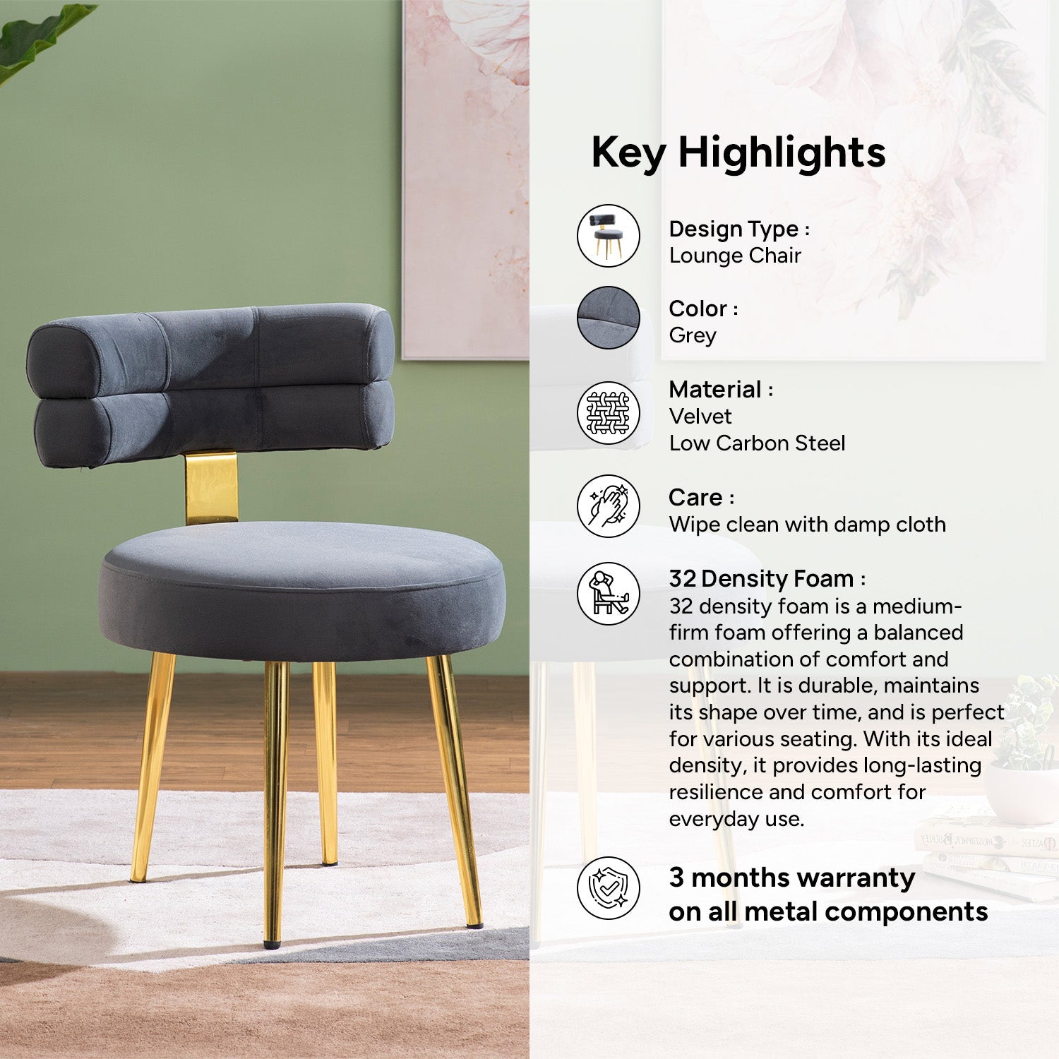 Plush Fog Velvet Lounge Chair in Grey Color | Nestroots