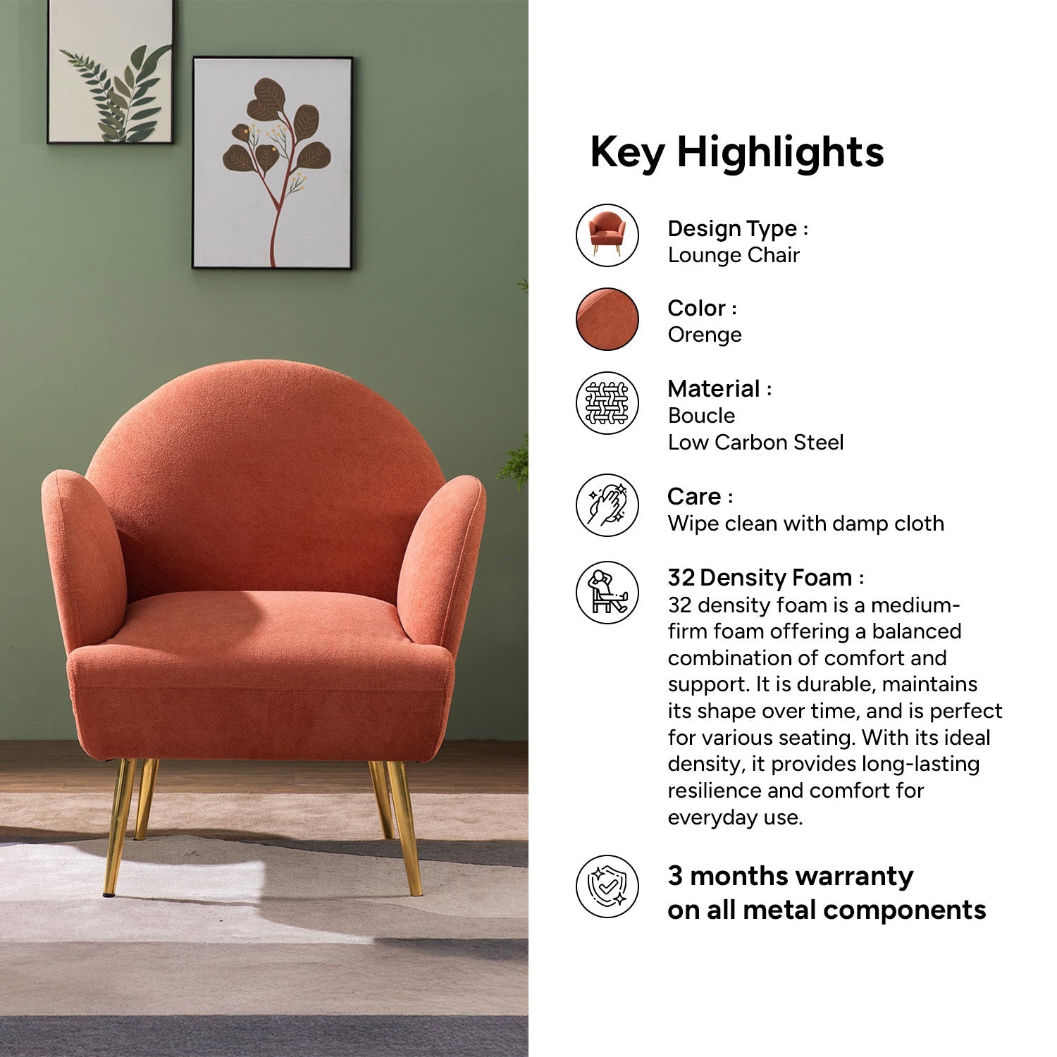 Sunshine Daydream Boucle Lounge Armchair in Orange Color | Nestroots