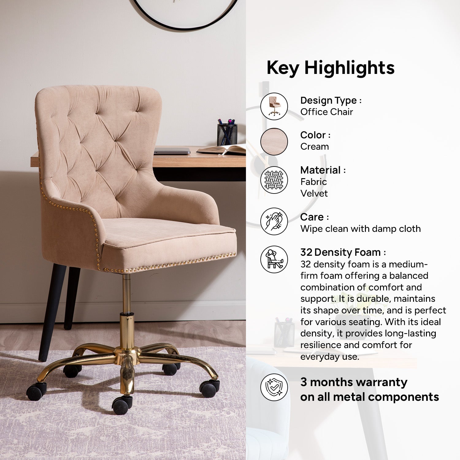 Velvet Tufted Boss Office Chair with Smooth Mobility– Beige|Nestroots | Nestroots