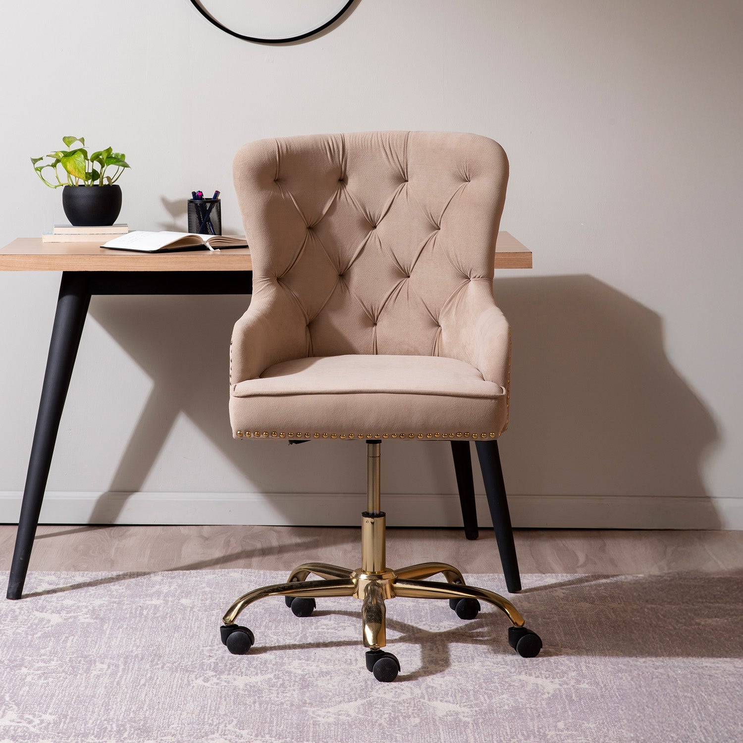 Velvet Tufted Boss Office Chair with Smooth Mobility– Beige|Nestroots | Nestroots
