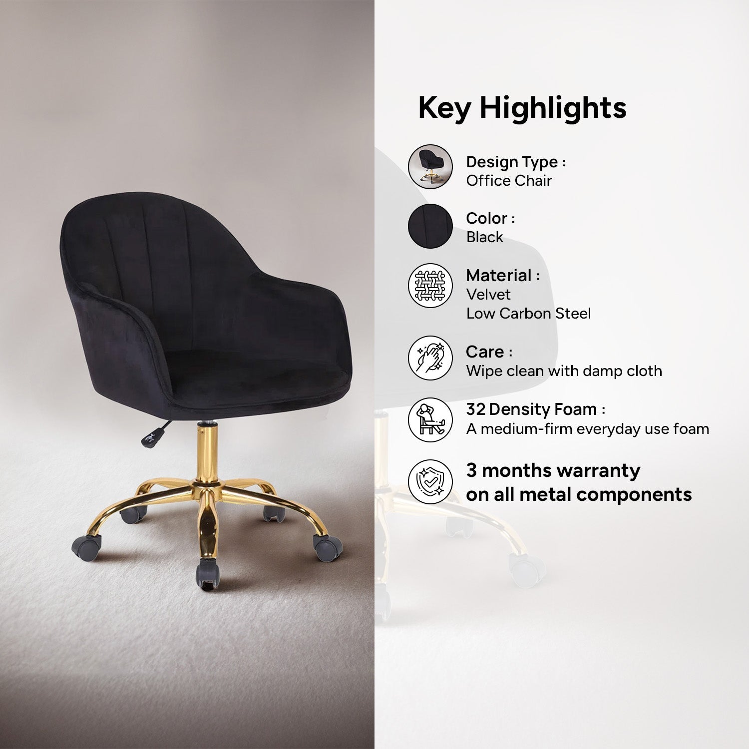 Velvet Tufted Office Chair With Smooth Wheels – Black|Nestroots | Nestroots