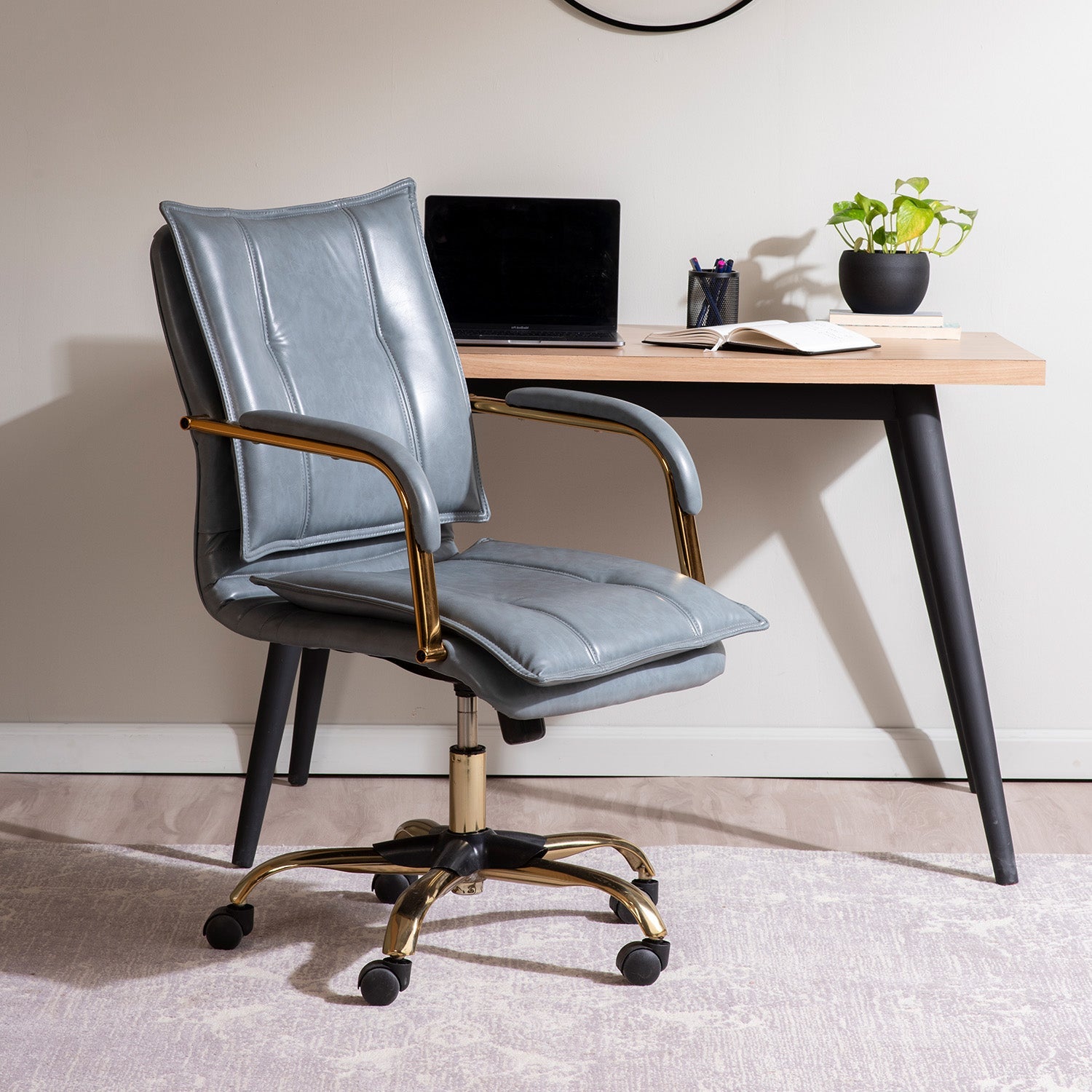 Faux Leather Executive Office Chair with Sleek Armrests – Sage Blue | Nestroots