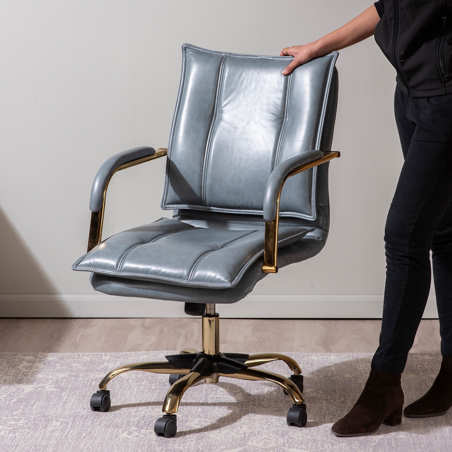 Faux Leather Executive Office Chair with Sleek Armrests – Sage Blue | Nestroots