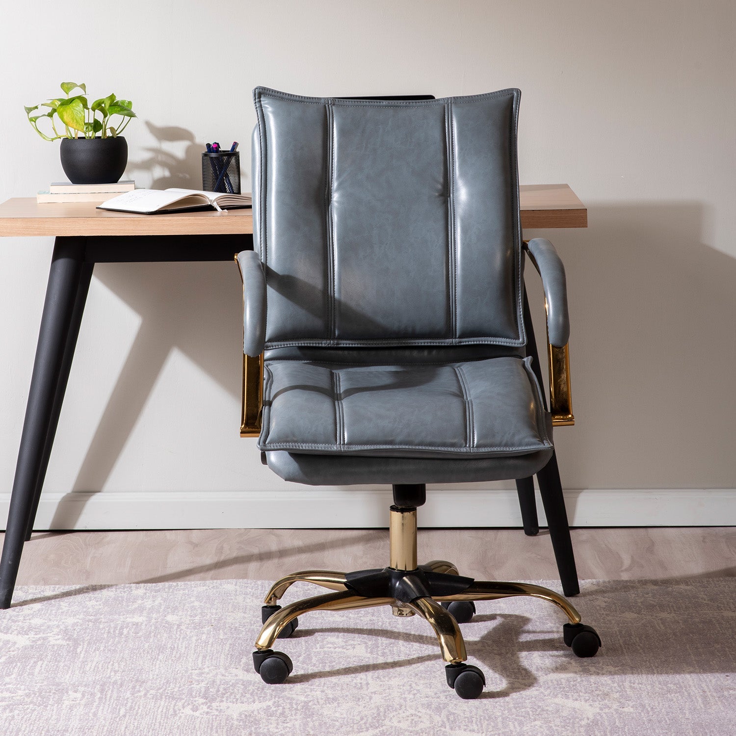 Faux Leather Executive Office Chair with Sleek Armrests – Sage Blue | Nestroots