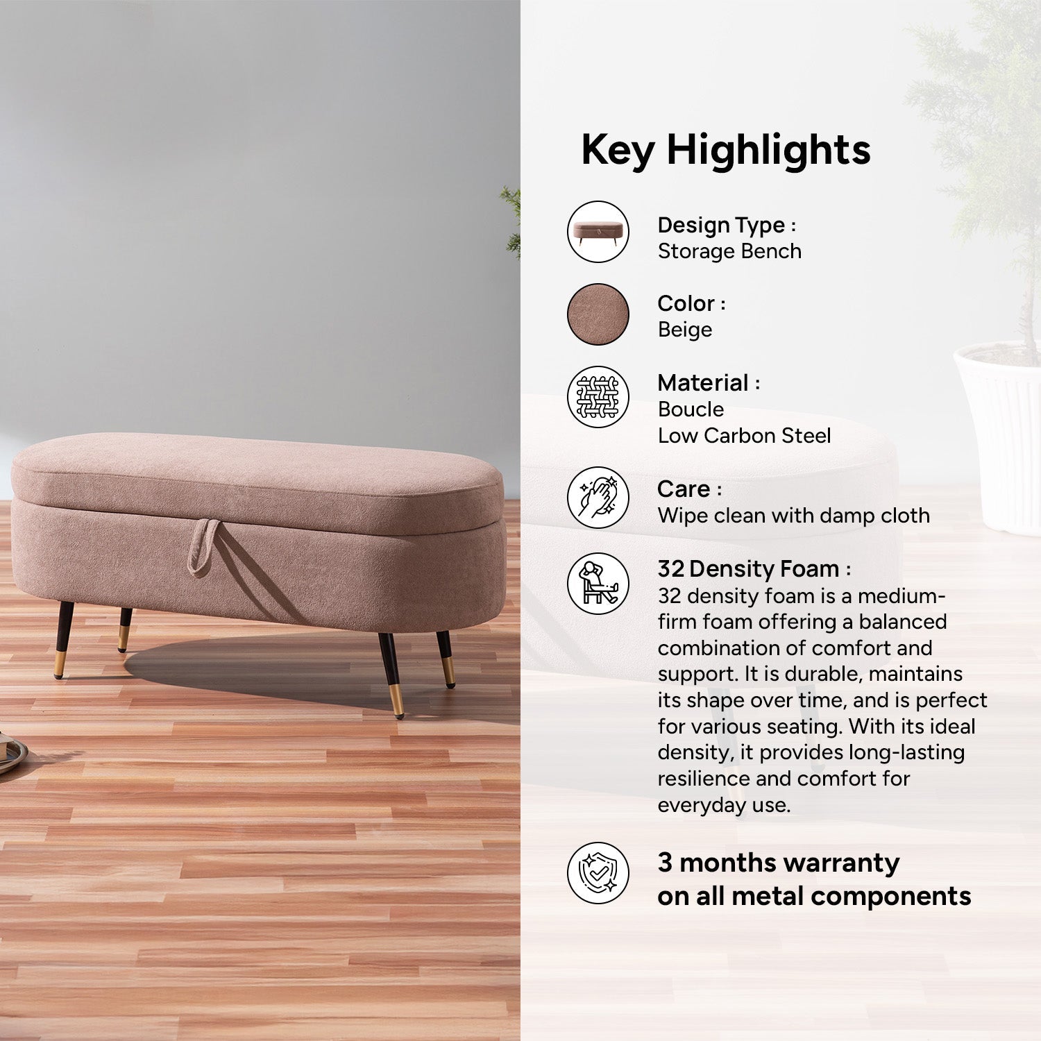 Beige Box Timeless Bench With Storage | Nestroots