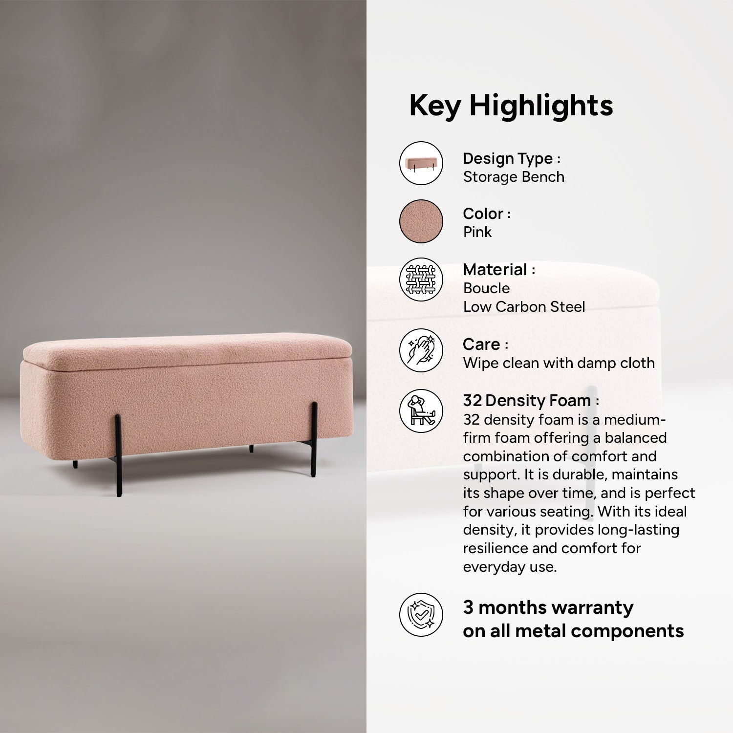 Petal Perch Pink Ottoman Bench With Storage | Nestroots