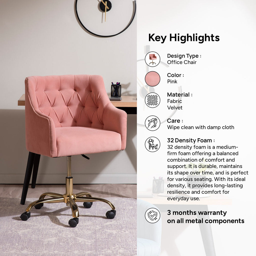 Velvet Sleek Office Chair with Adjustable Height– Pink | Nestroots