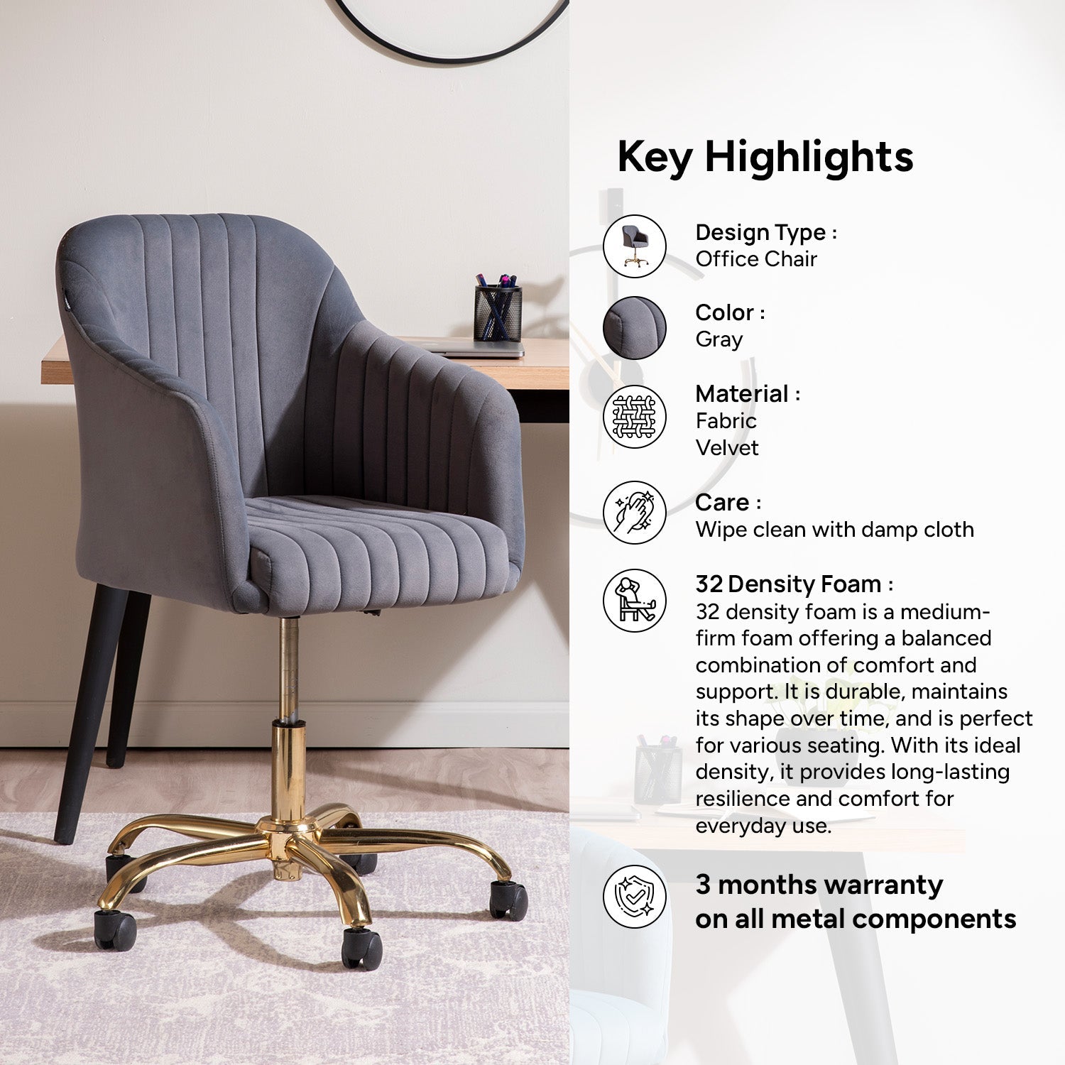 Luxurious Velvet Adjustable Office Chair With Sleek Armrest in Light Grey Color | Nestroots