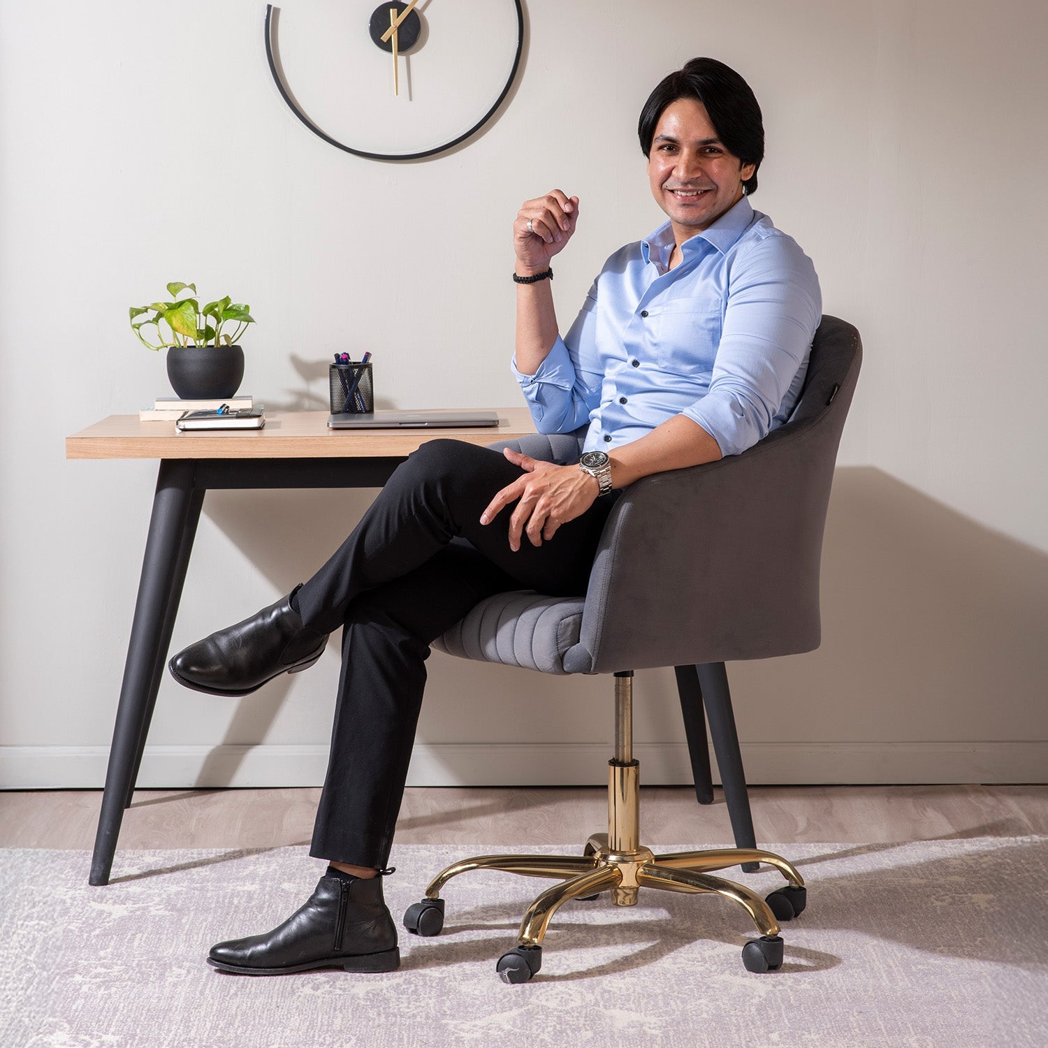 Luxurious Velvet Adjustable Office Chair With Sleek Armrest in Light Grey Color | Nestroots