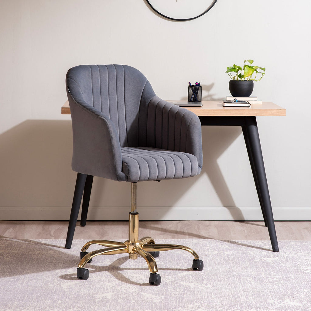 Luxurious Velvet Adjustable Office Chair With Sleek Armrest in Light Grey Color | Nestroots