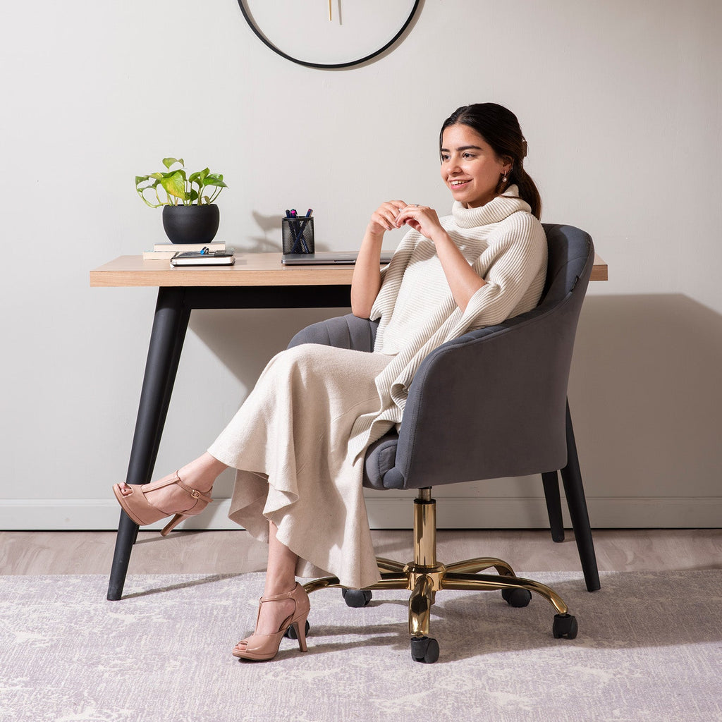 Luxurious Velvet Adjustable Office Chair With Sleek Armrest in Light Grey Color | Nestroots