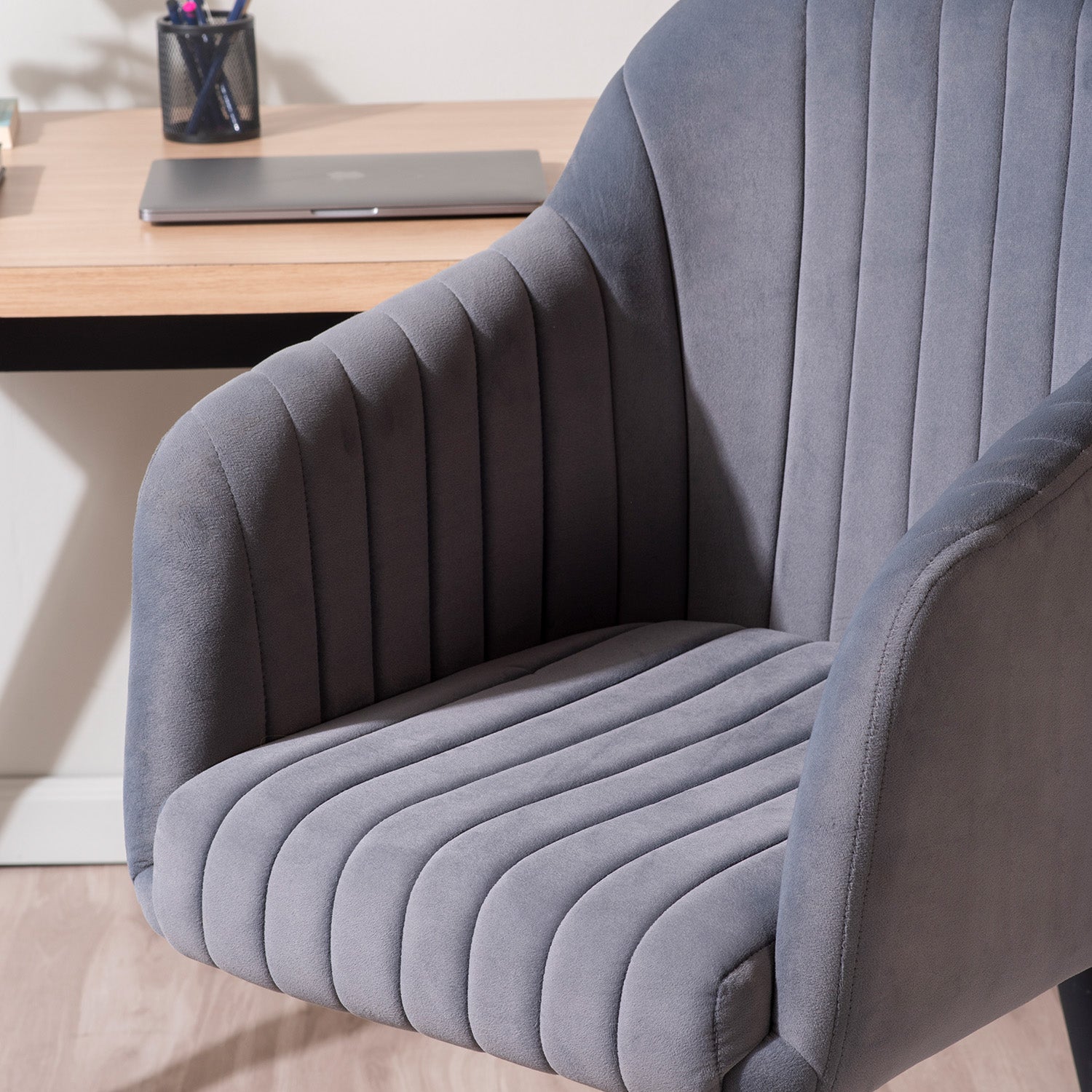 Luxurious Velvet Adjustable Office Chair With Sleek Armrest in Light Grey Color | Nestroots