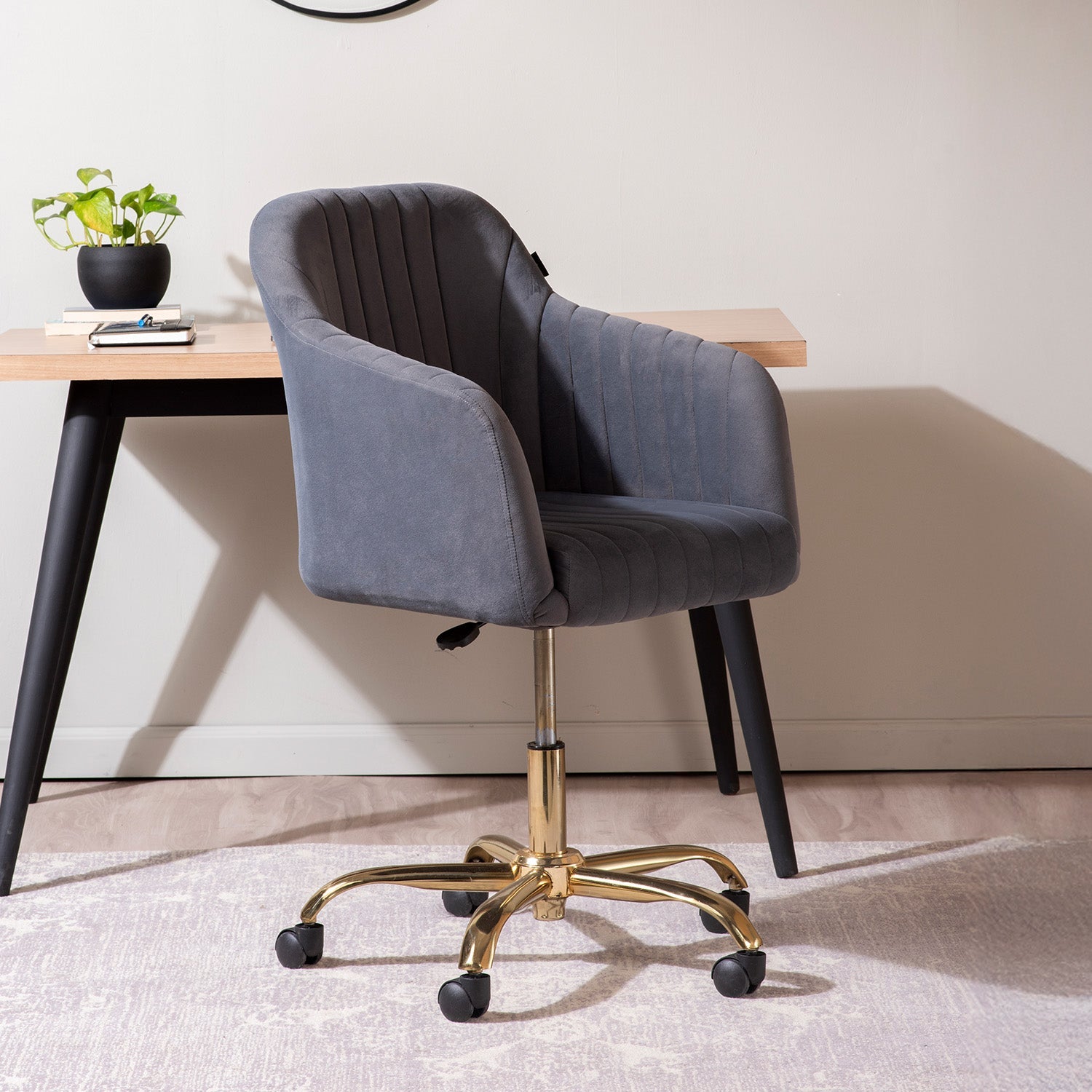 Luxurious Velvet Adjustable Office Chair With Sleek Armrest in Light Grey Color | Nestroots