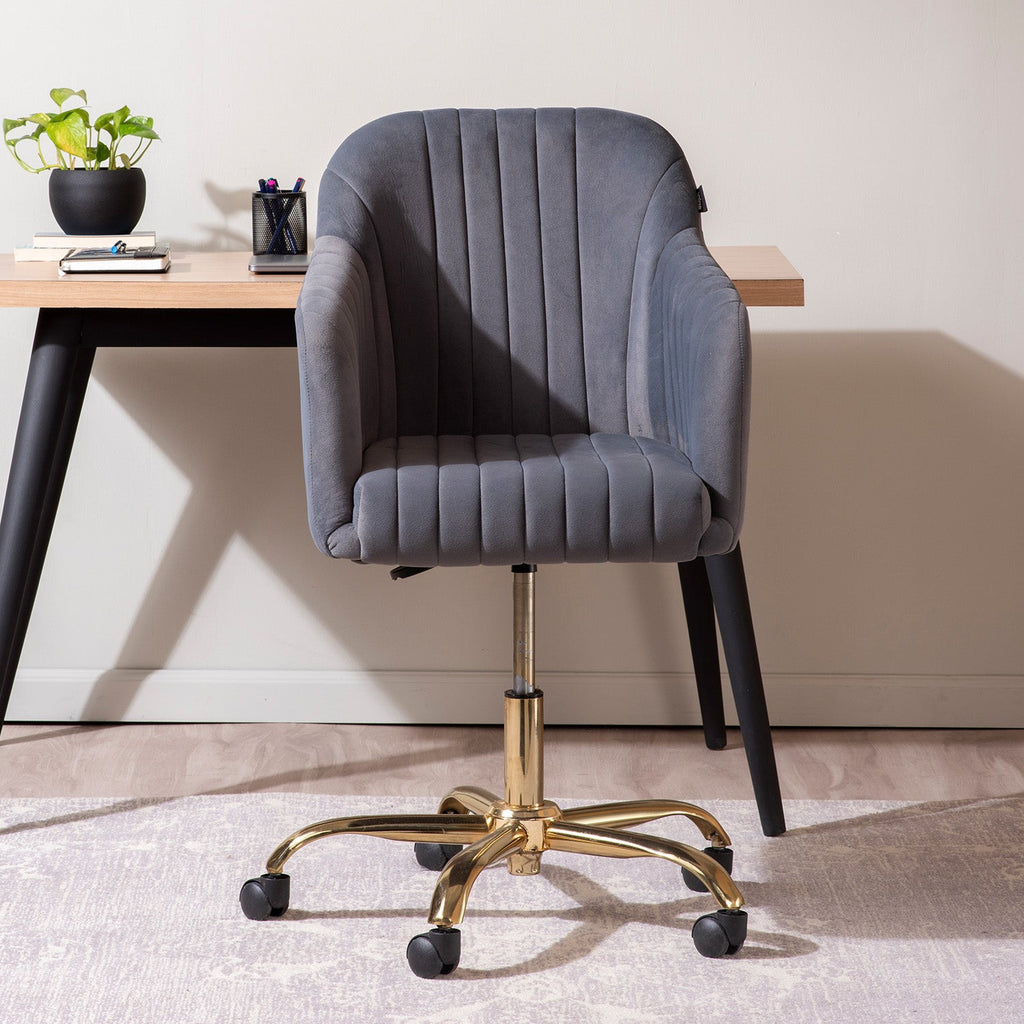 Luxurious Velvet Adjustable Office Chair With Sleek Armrest in Light Grey Color | Nestroots