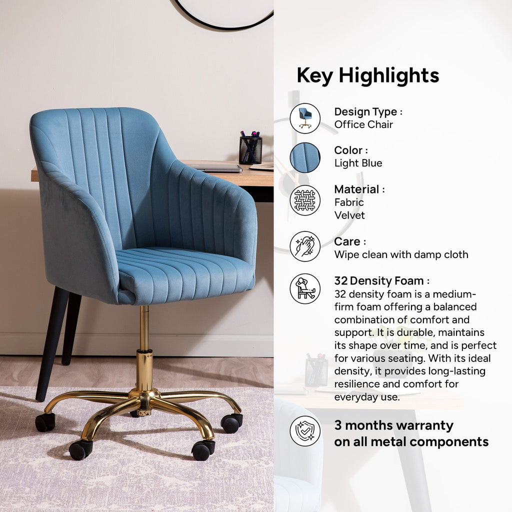Luxurious Velvet Adjustable Office Chair With Sleek Armrest Light Blue Color | Nestroots