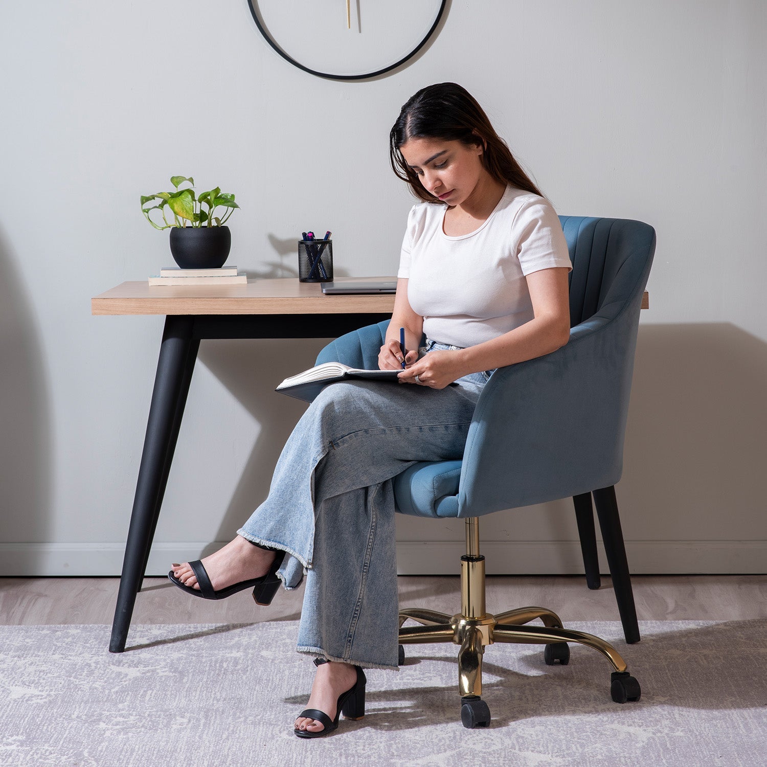Luxurious Velvet Adjustable Office Chair With Sleek Armrest Light Blue Color | Nestroots