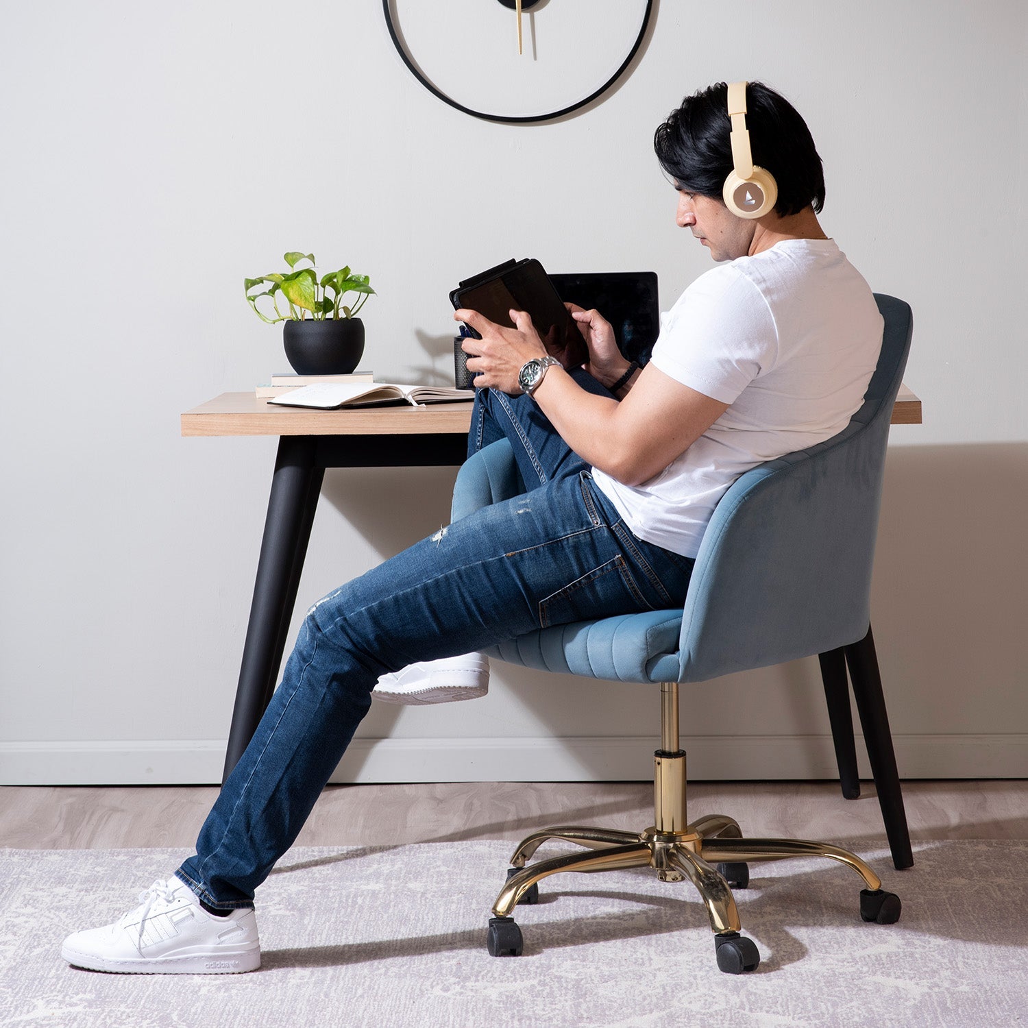 Luxurious Velvet Adjustable Office Chair With Sleek Armrest Light Blue Color | Nestroots