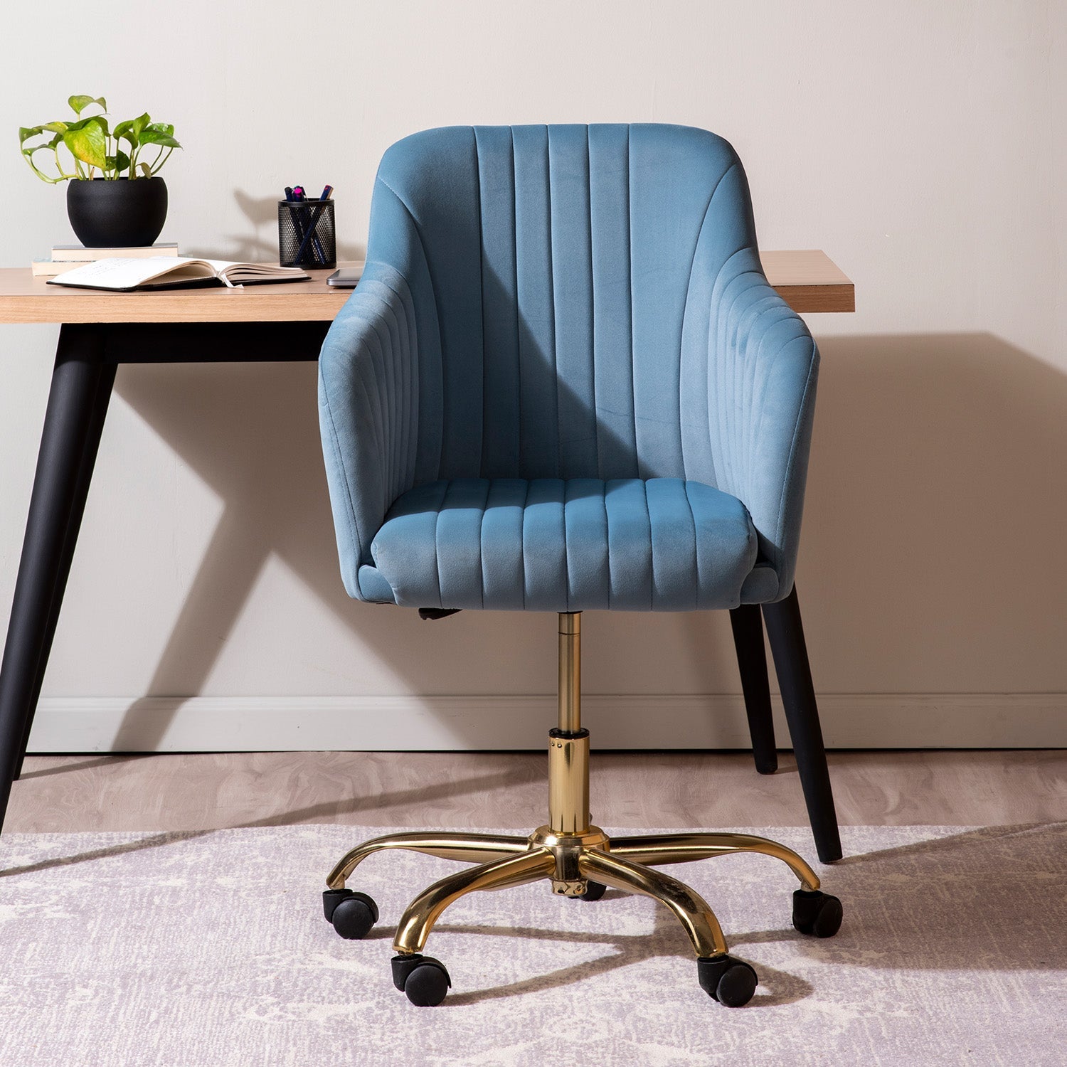 Luxurious Velvet Adjustable Office Chair With Sleek Armrest Light Blue Color | Nestroots