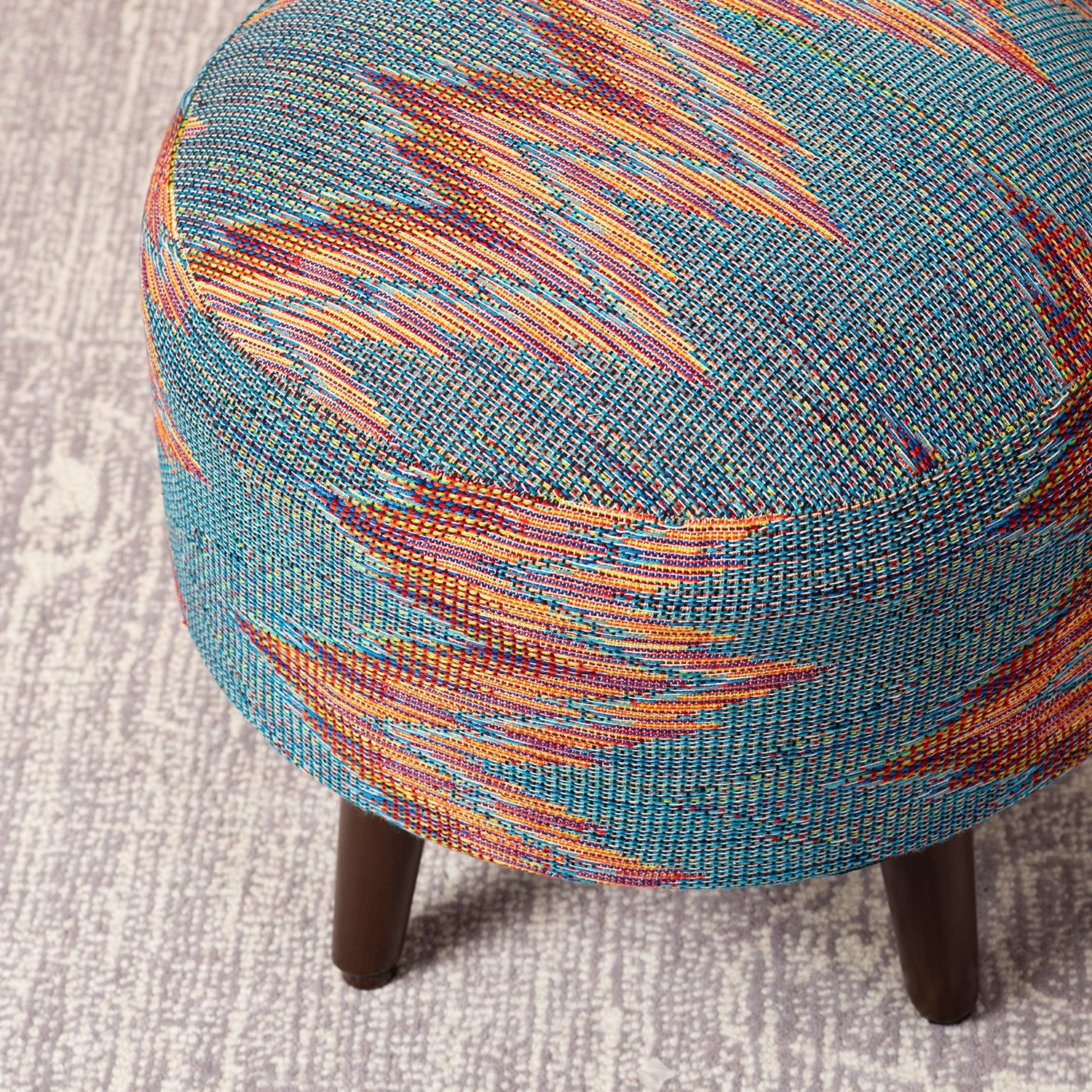 Crest Jacquard Wooden Ottoman in Blue Zig Zag Color