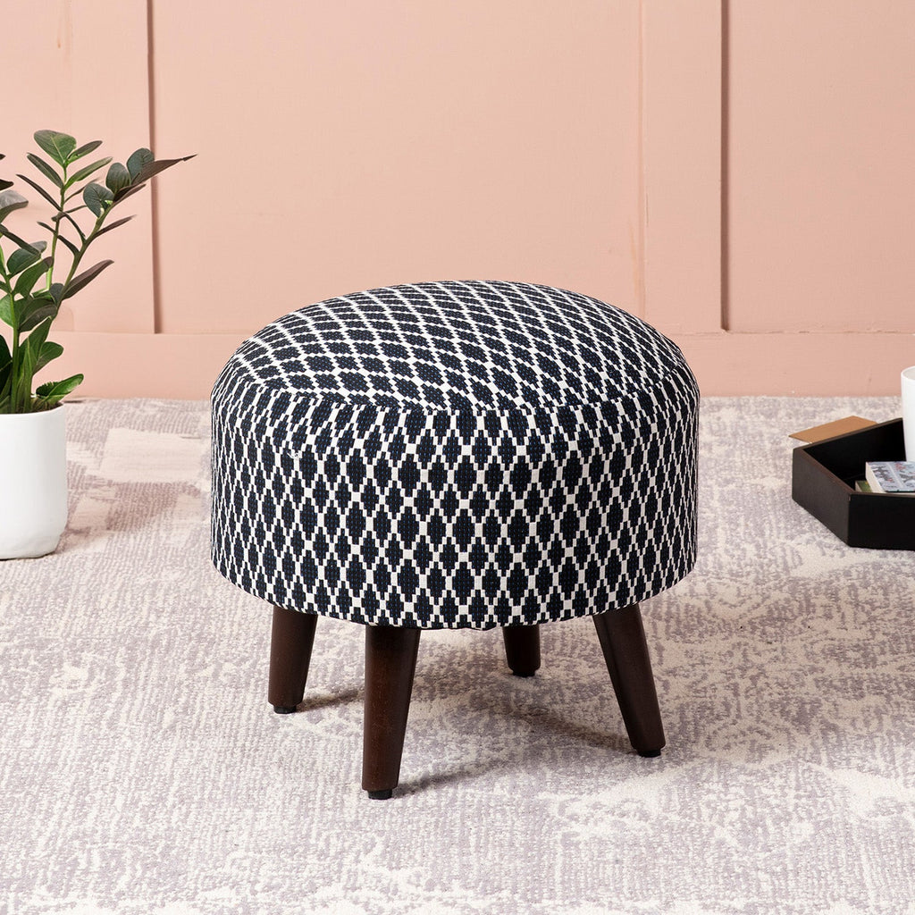 Quad Jacquard Wooden Ottoman in Blue Color