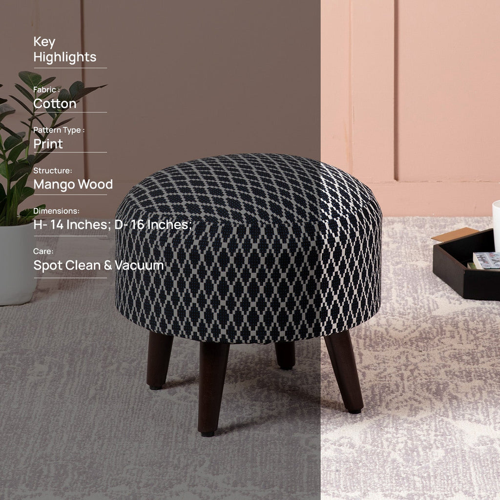 Quad Jacquard Wooden Ottoman in Blue Color