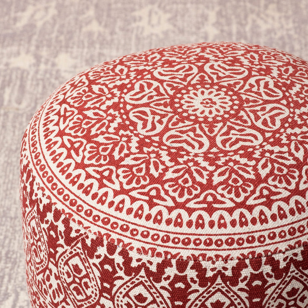 Botanic Fabric Wooden Ottoman in Red Color