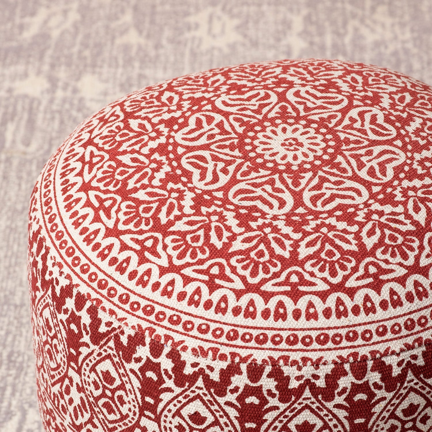 Botanic Fabric Wooden Ottoman in Red Color
