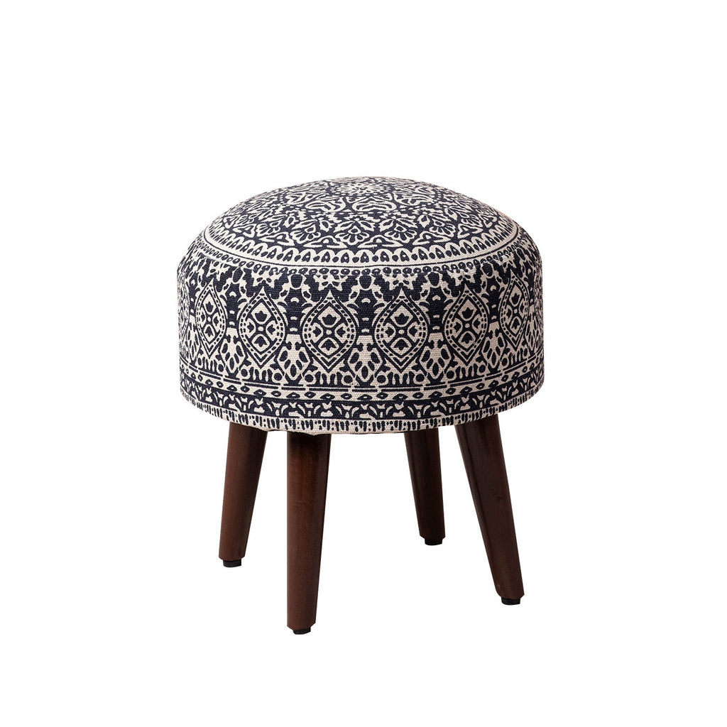 Botanic Fabric Wooden Ottoman in Blue Color Set of 2