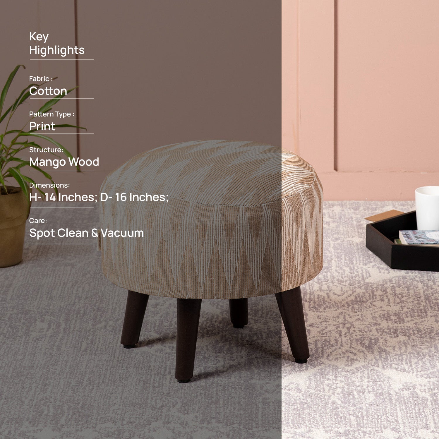 Crest Jacquard Wooden Ottoman in Beige Color