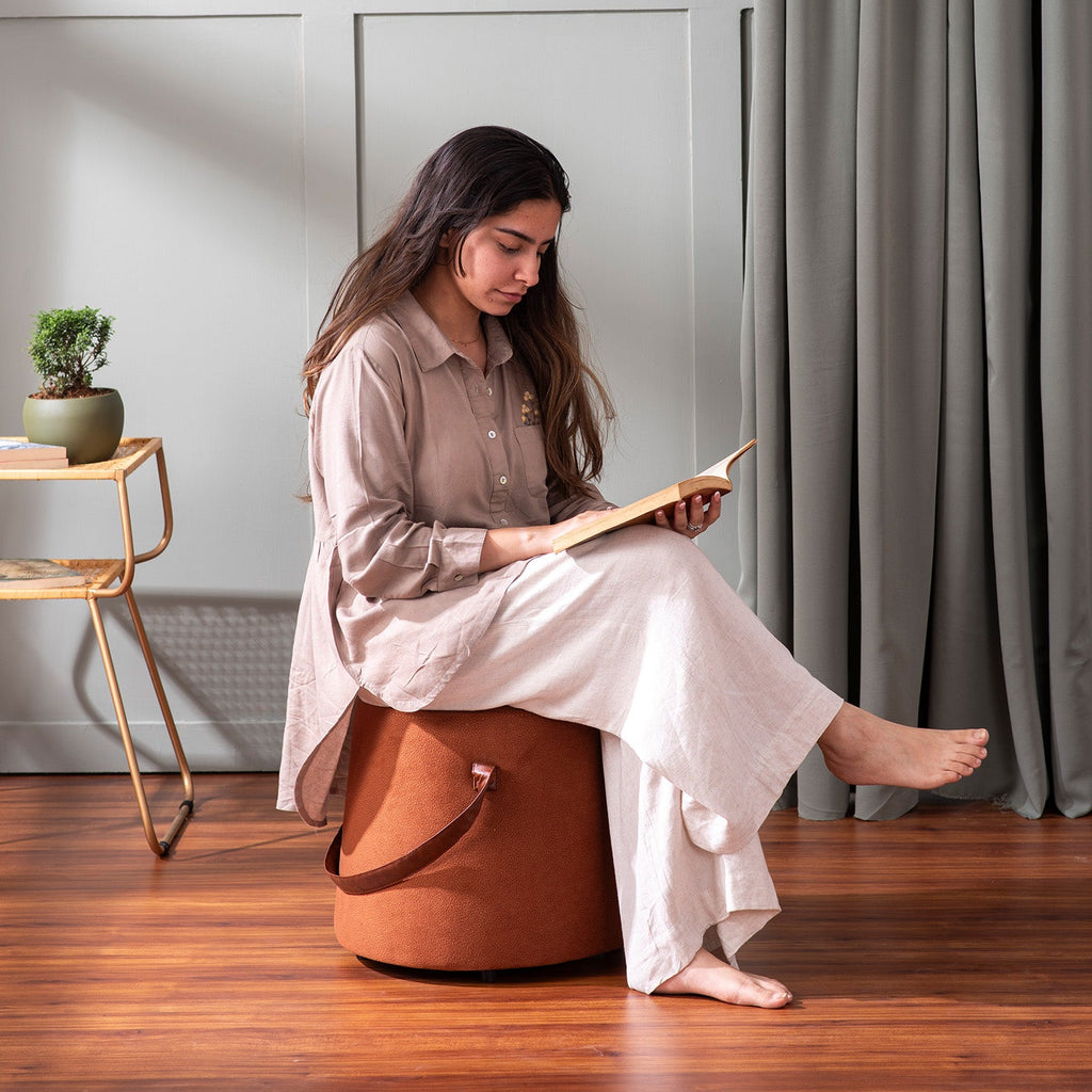 Hoist Collection Pouf With Faux Leather Strap in Tan Color | Nestroots