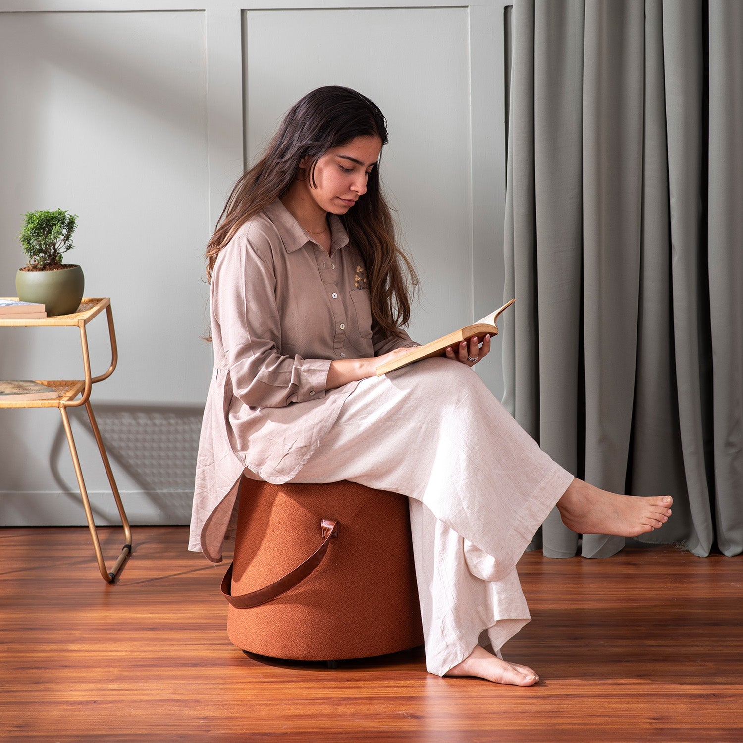 Hoist Collection Pouf With Faux Leather Strap in Tan Color | Nestroots