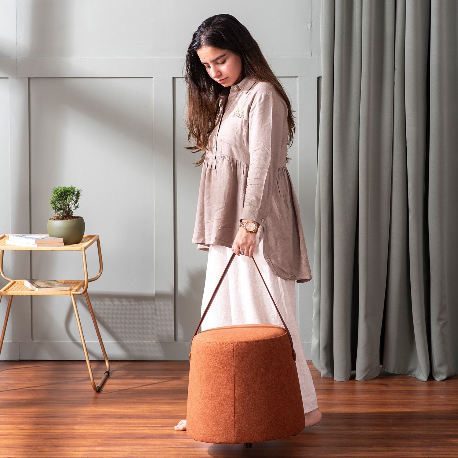 Hoist Collection Pouf With Faux Leather Strap in Tan Color | Nestroots