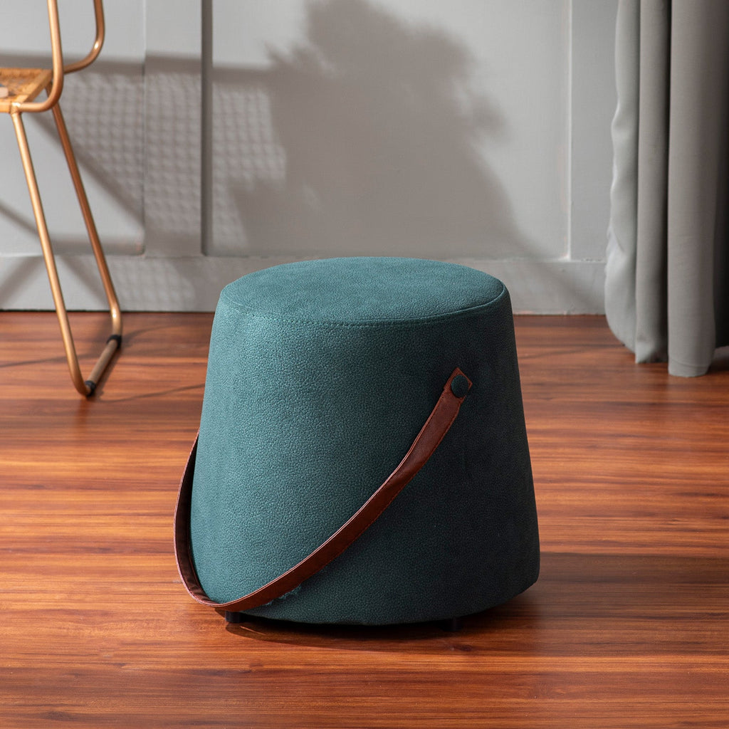 Hoist Collection Pouf With Faux Leather Strap in Green Color | Nestroots