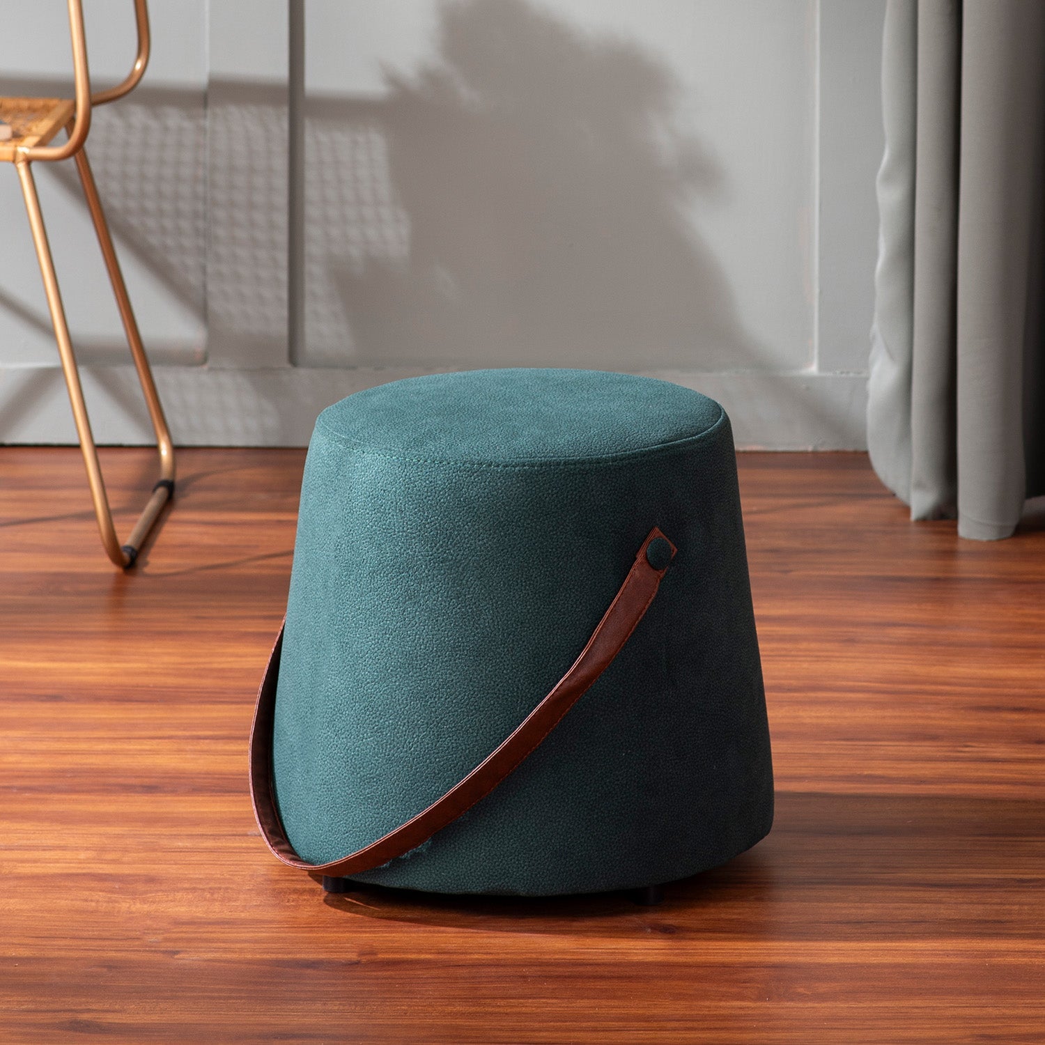 Hoist Collection Pouf With Faux Leather Strap in Green Color | Nestroots