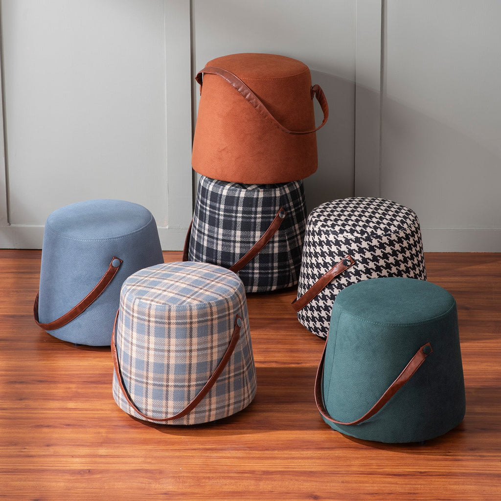 Hoist Collection Pouf With Faux Leather Strap in Green Color | Nestroots
