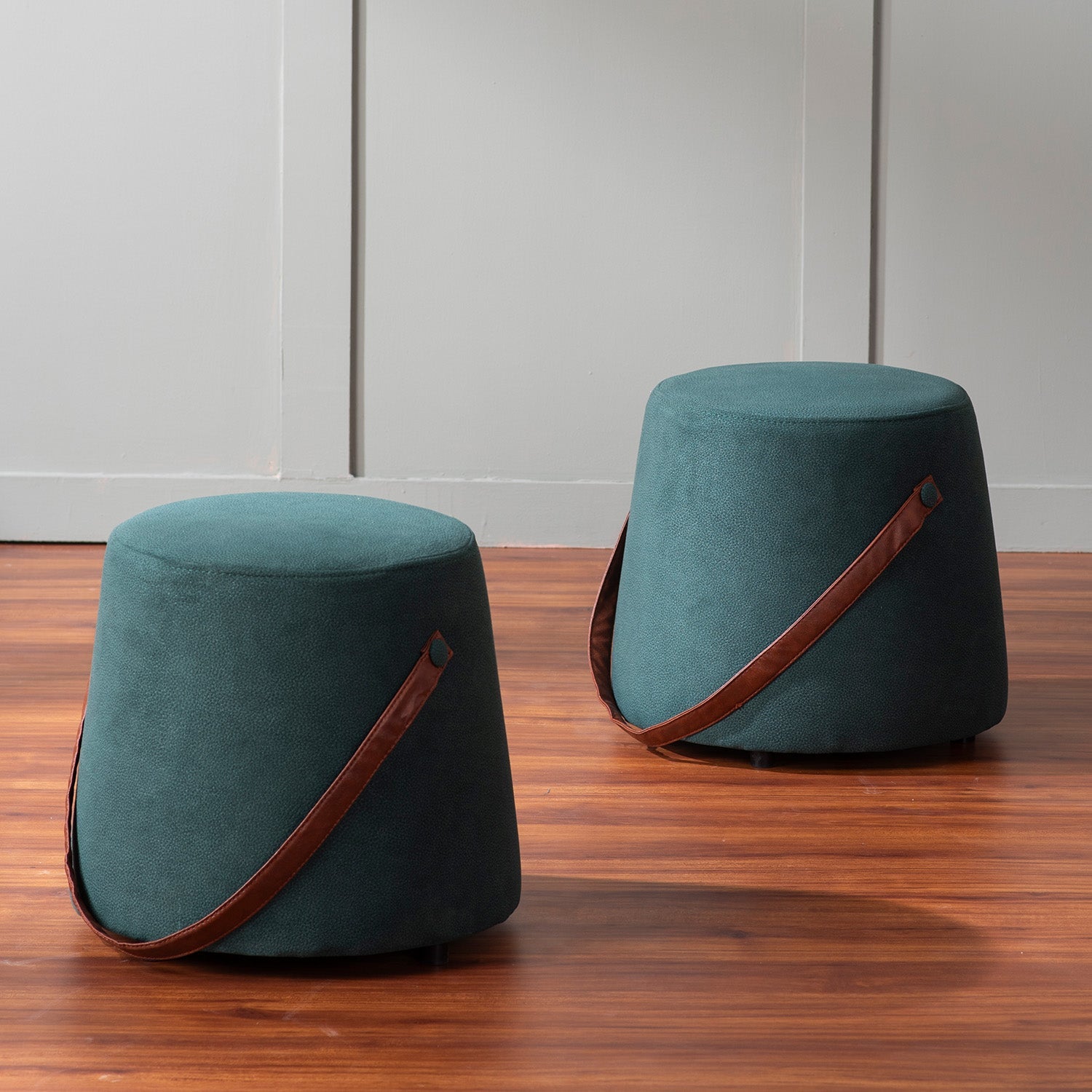 Hoist Collection Pouf With Faux Leather Strap in Green Color | Nestroots