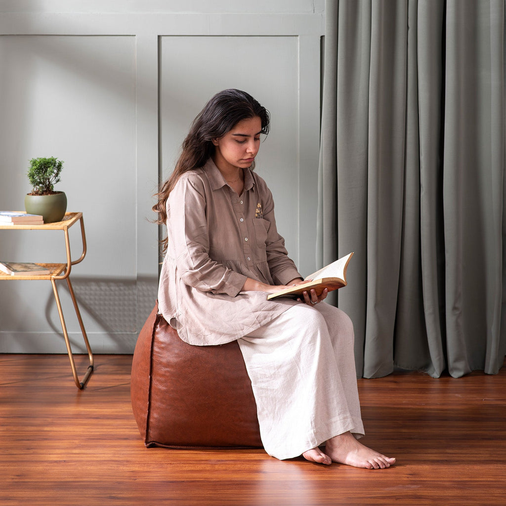 Cuboid Collection Tan Faux Leather Pouf Ottoman