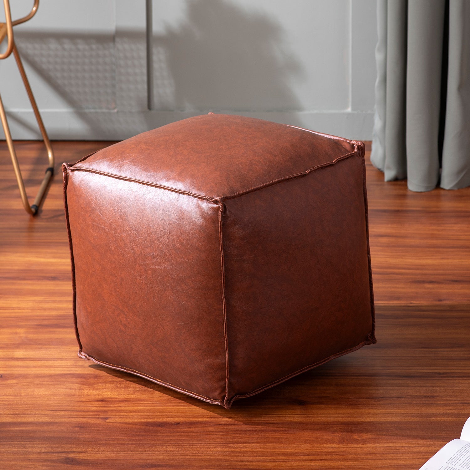 Cuboid Collection Tan Faux Leather Pouf Ottoman