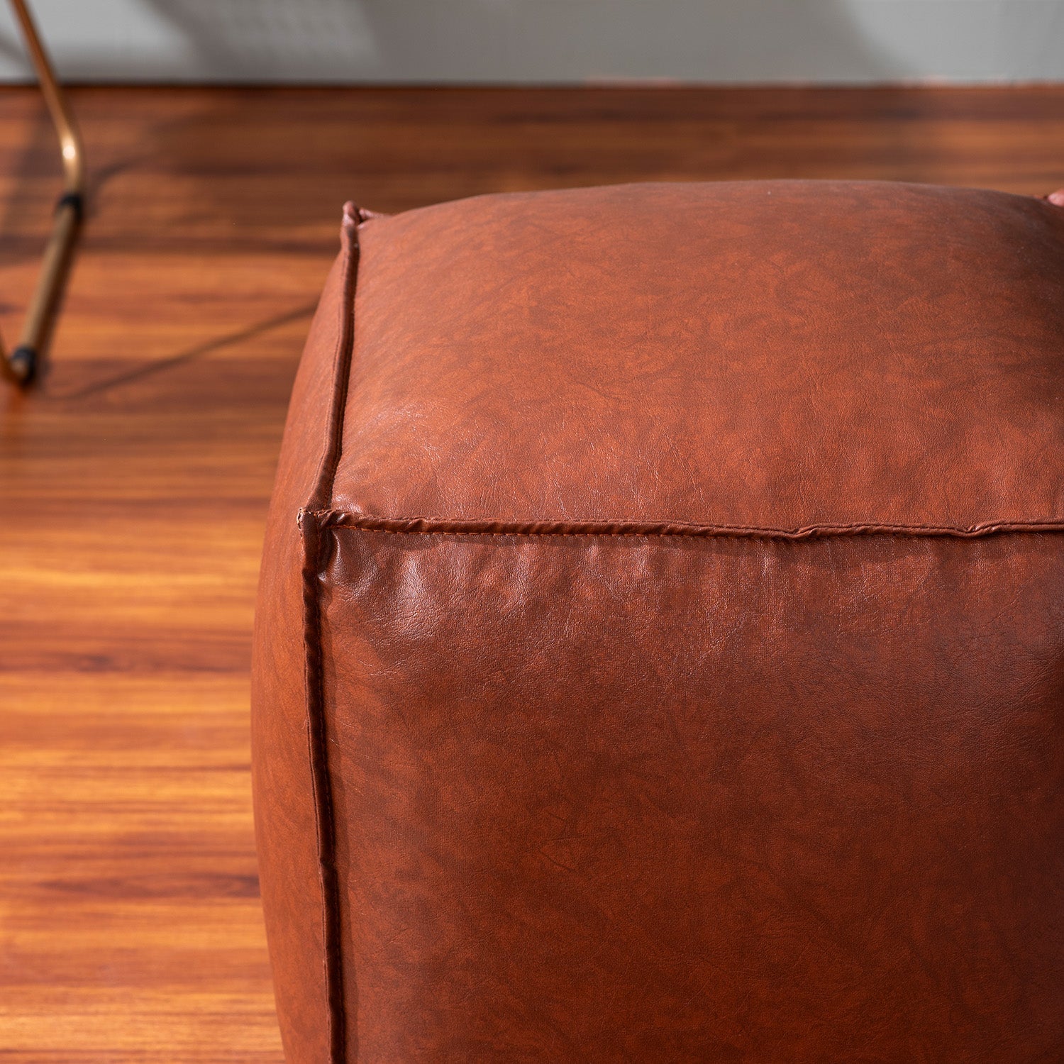 Cuboid Collection Tan Faux Leather Pouf Ottoman