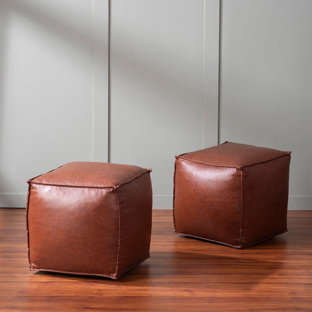 Cuboid Collection Tan Faux Leather Pouf Ottoman