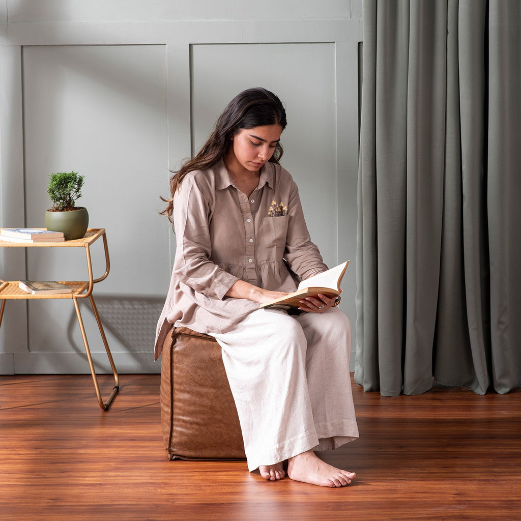 Cuboid Collection Brown Faux Leather Pouf Ottoman Set Of 2