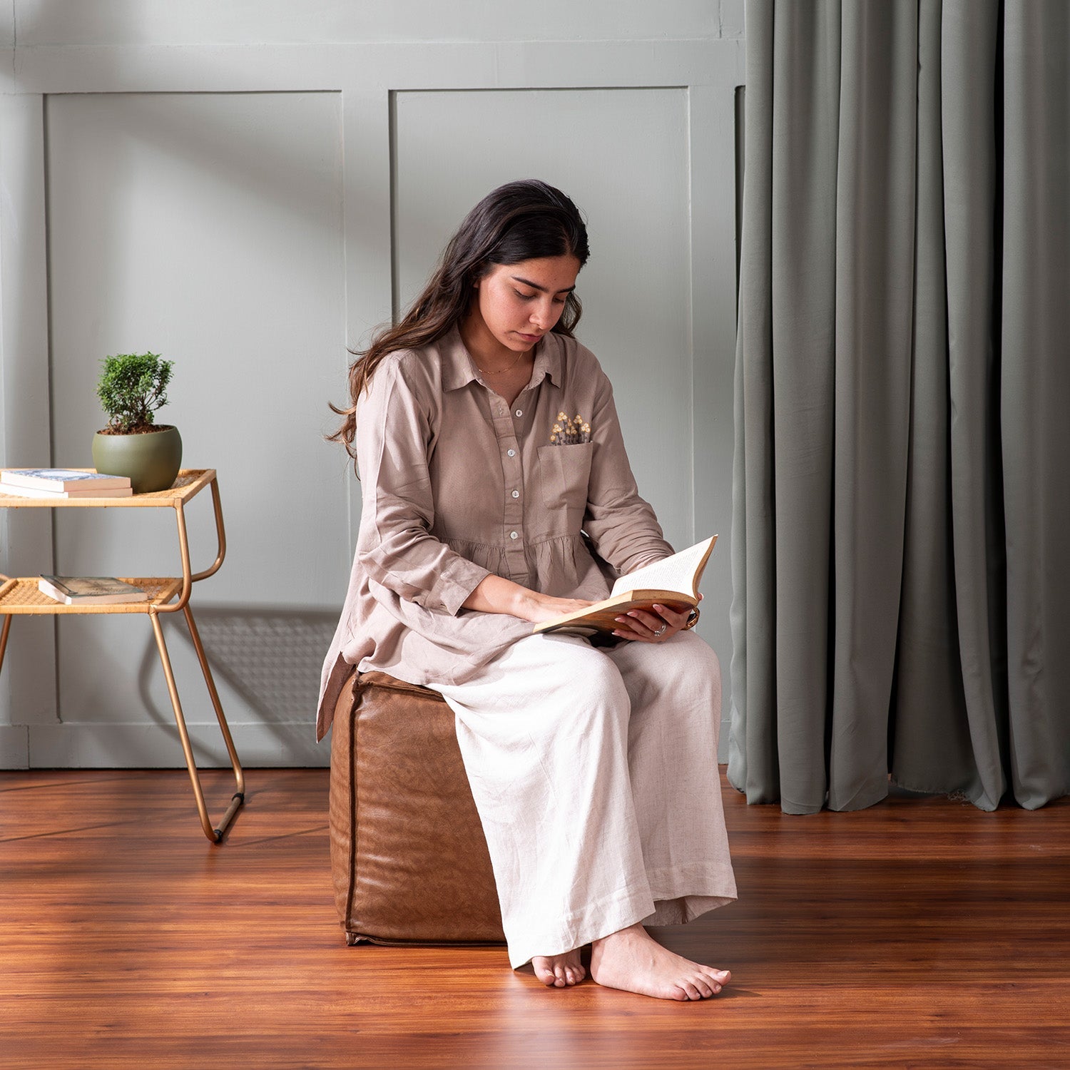 Cuboid Collection Brown Faux Leather Pouf Ottoman Set Of 2