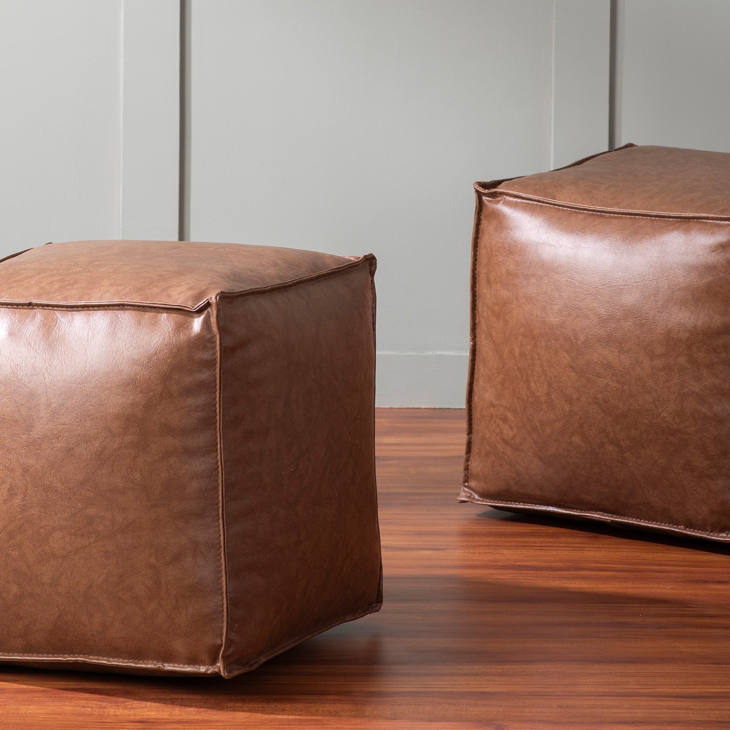 Cuboid Collection Brown Faux Leather Pouf Ottoman Set Of 2
