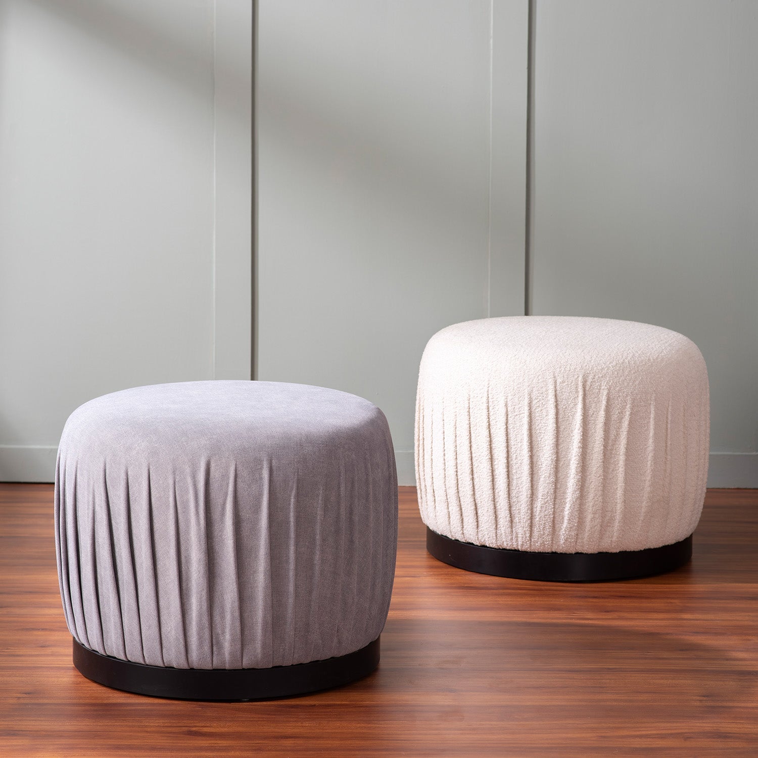 Luxe Collection Grey & Cream Fabric Pouf Ottoman Set Of 2