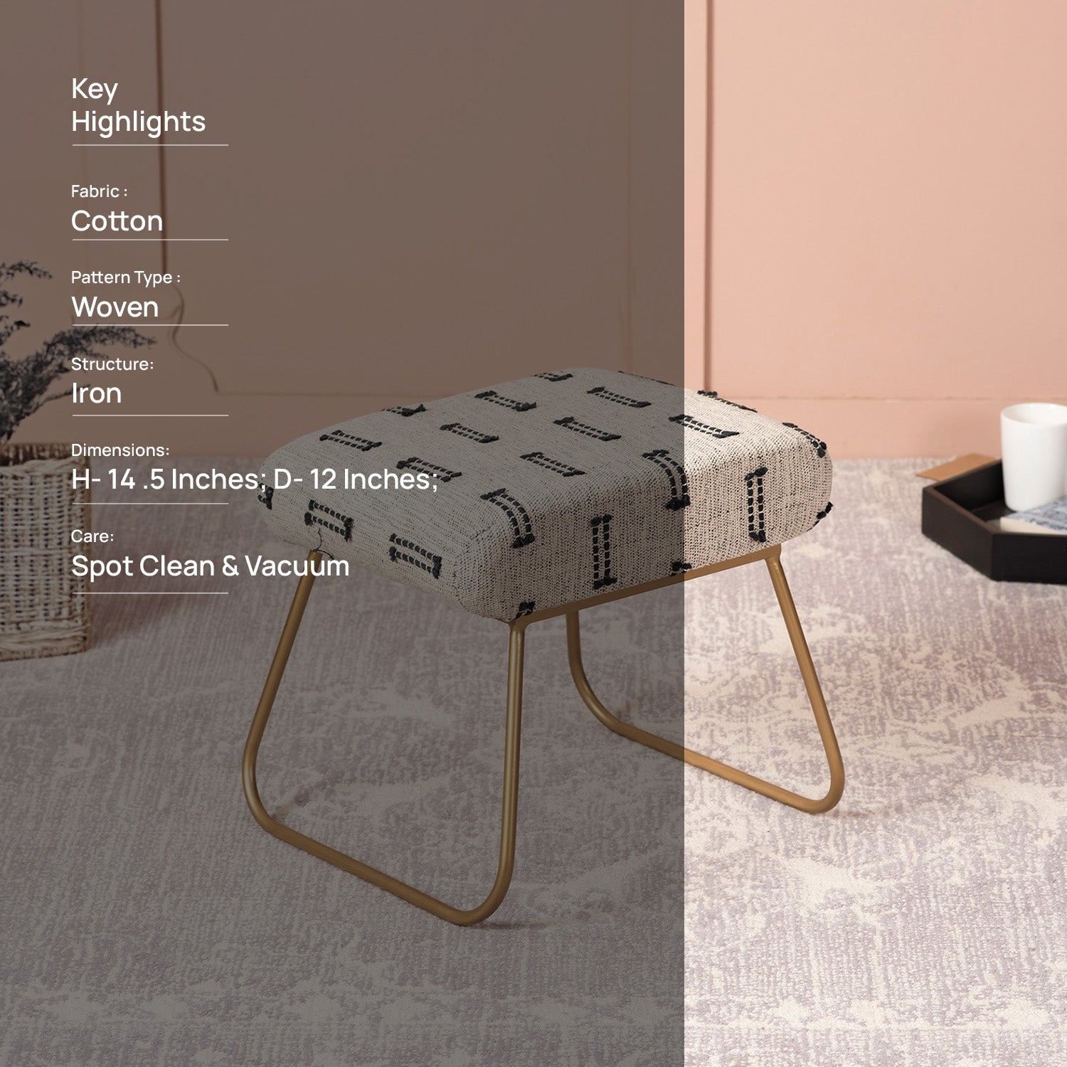 Bohemian Jacquard Metallic Stool in Black & Off White Color