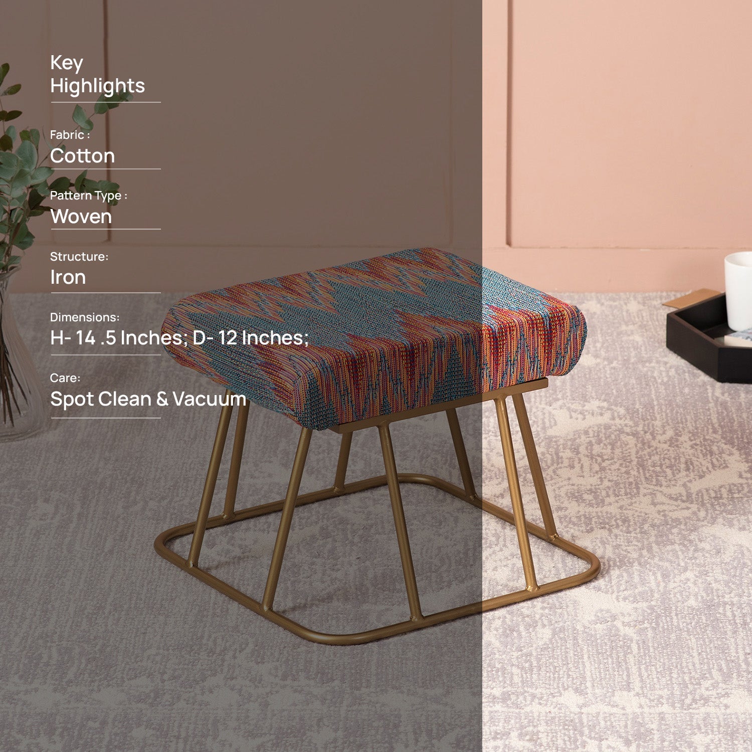 Crest Jacquard Metallic Stool in Blue Color