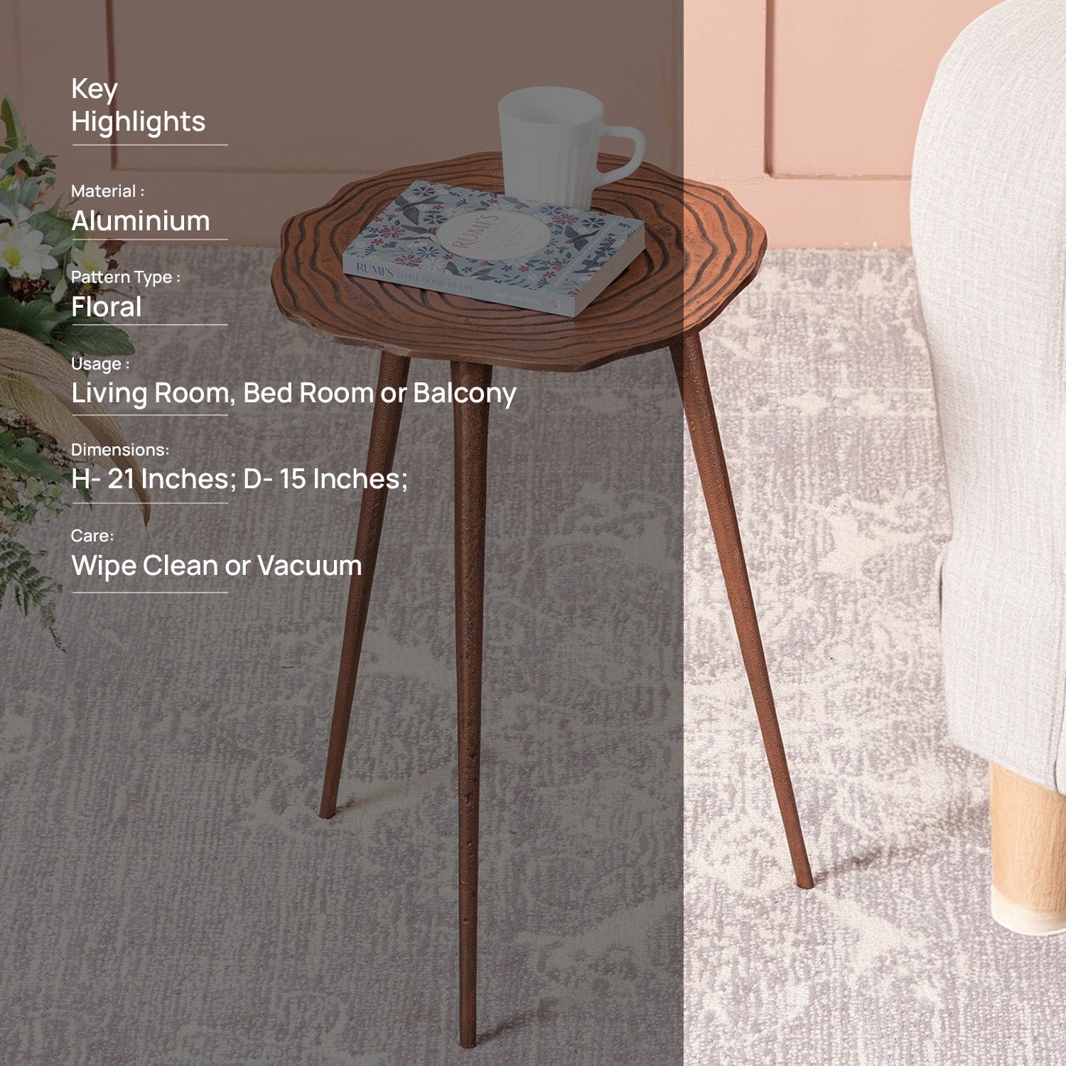 Cosmo Aluminium Floral End Table in Copper Color