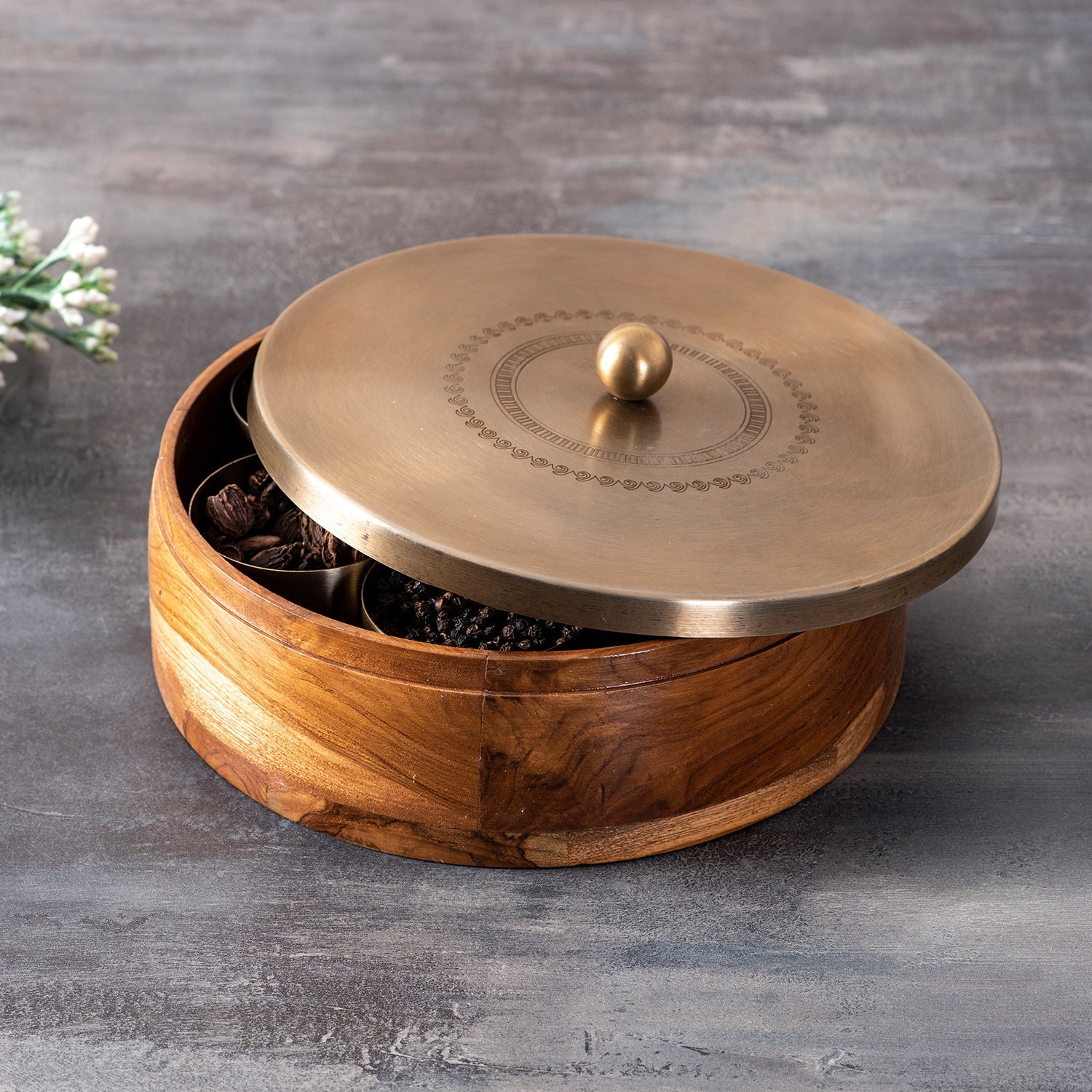 Inscribe Acacia Wood Masala Box - Gold