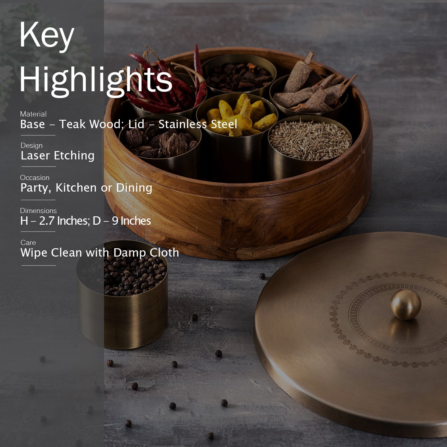 Inscribe Acacia Wood Masala Box - Gold