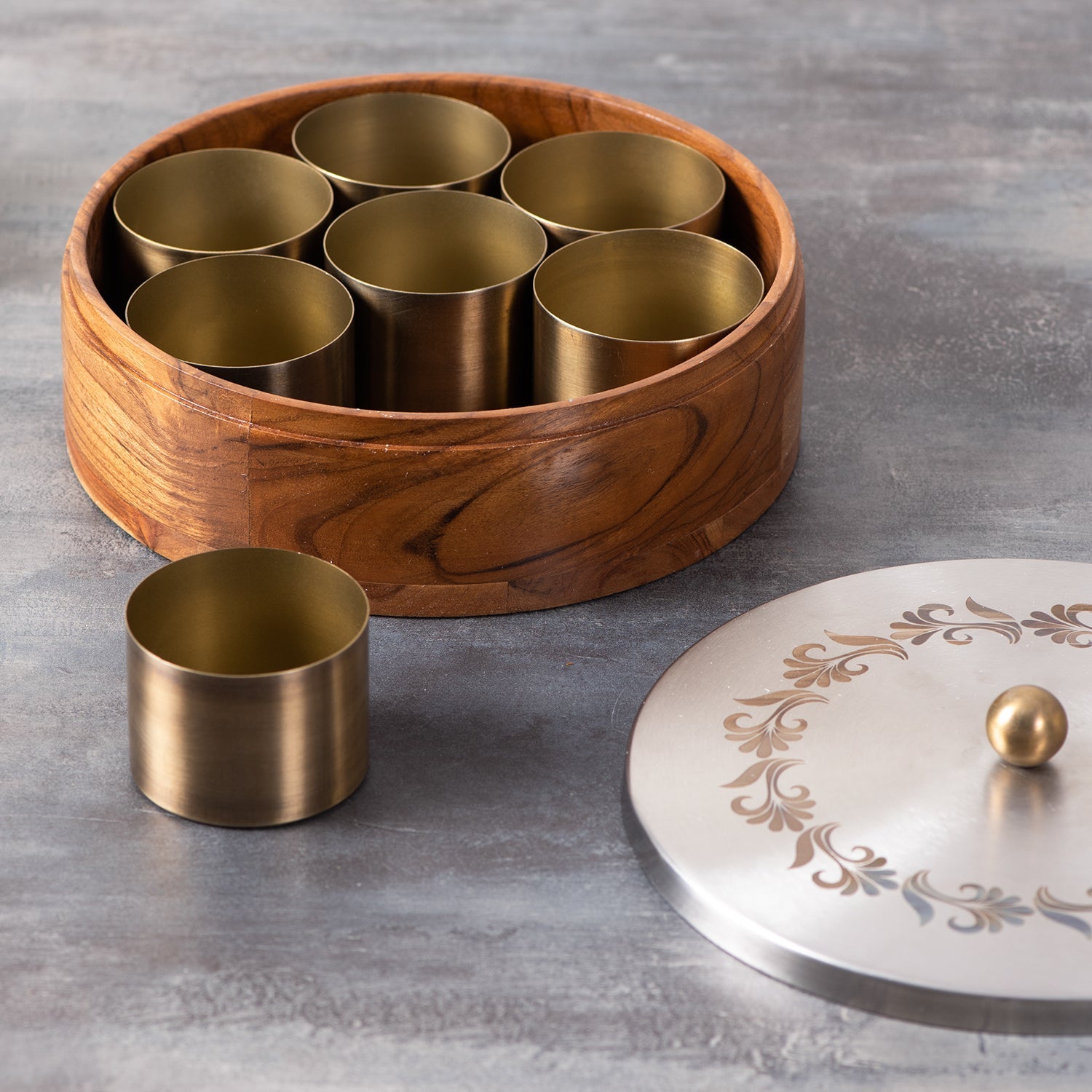 Inscribe Acacia Wood Masala Box - Silver